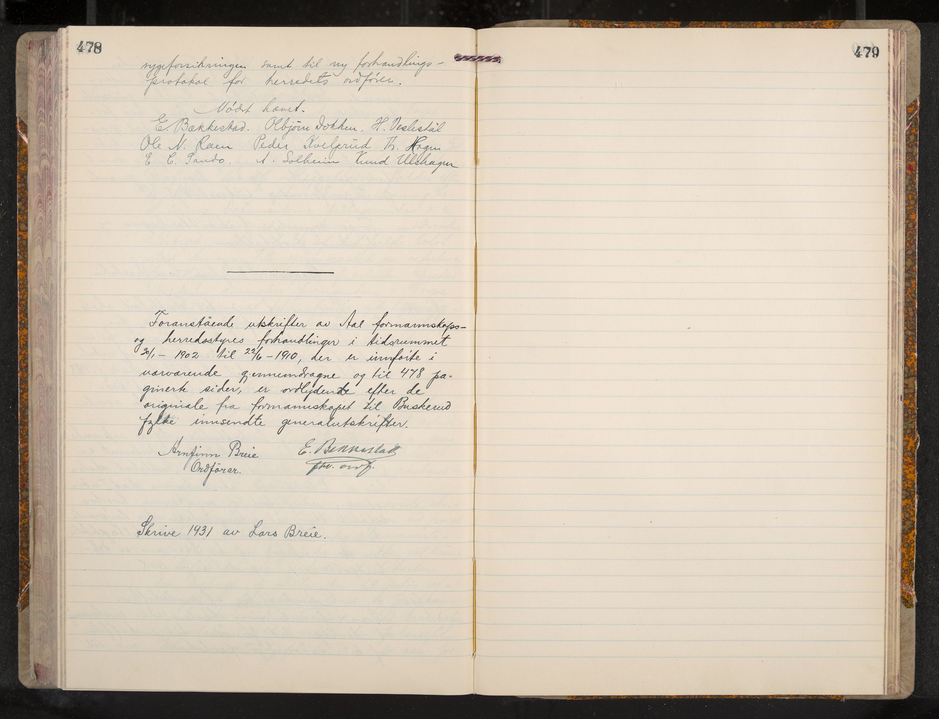 Ål formannskap og sentraladministrasjon, IKAK/0619021/A/Aa/L0005: Utskrift av møtebok, 1902-1910, p. 478-479