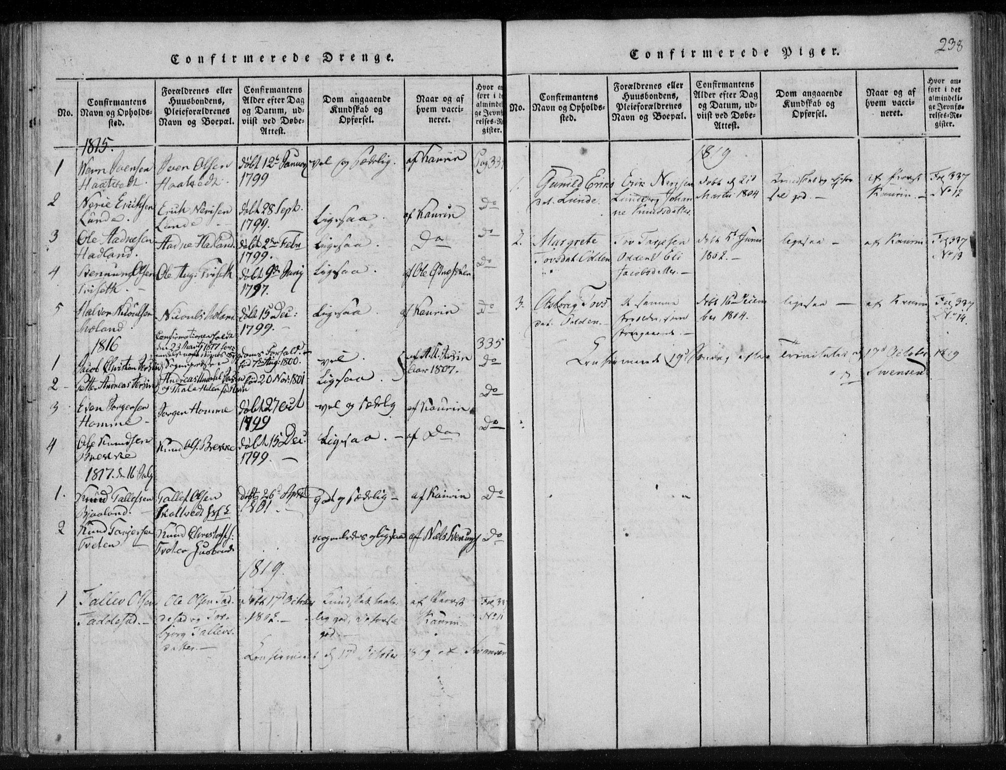 Lårdal kirkebøker, SAKO/A-284/F/Fa/L0005: Parish register (official) no. I 5, 1815-1860, p. 238