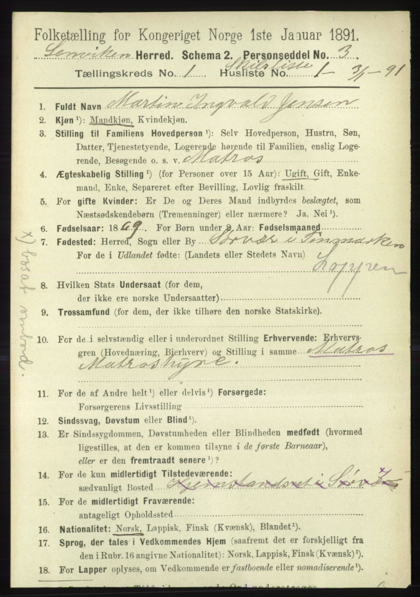 RA, 1891 census for 1931 Lenvik, 1891, p. 701