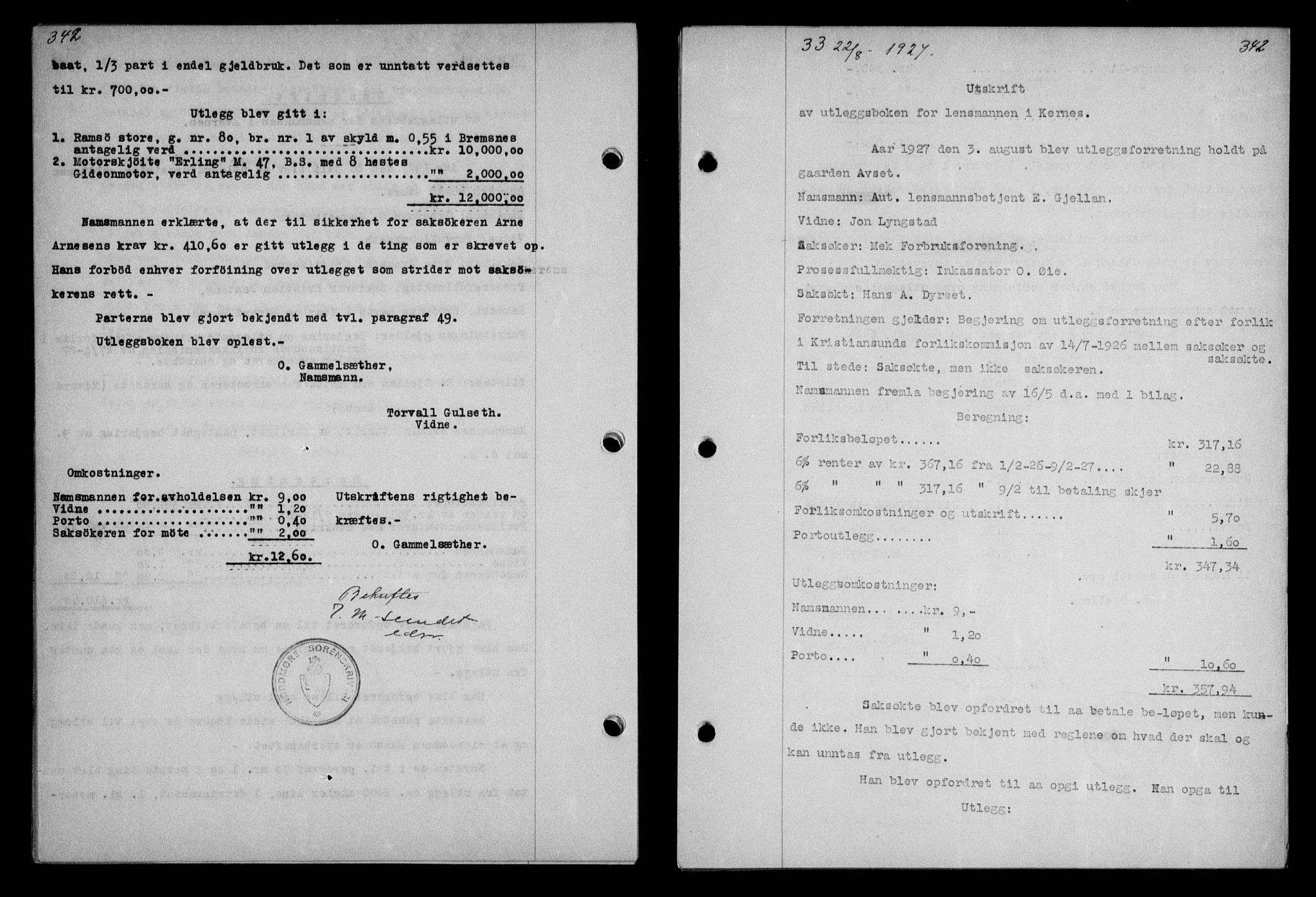 Nordmøre sorenskriveri, AV/SAT-A-4132/1/2/2Ca/L0062: Mortgage book no. 52, 1927-1927, Deed date: 22.08.1927