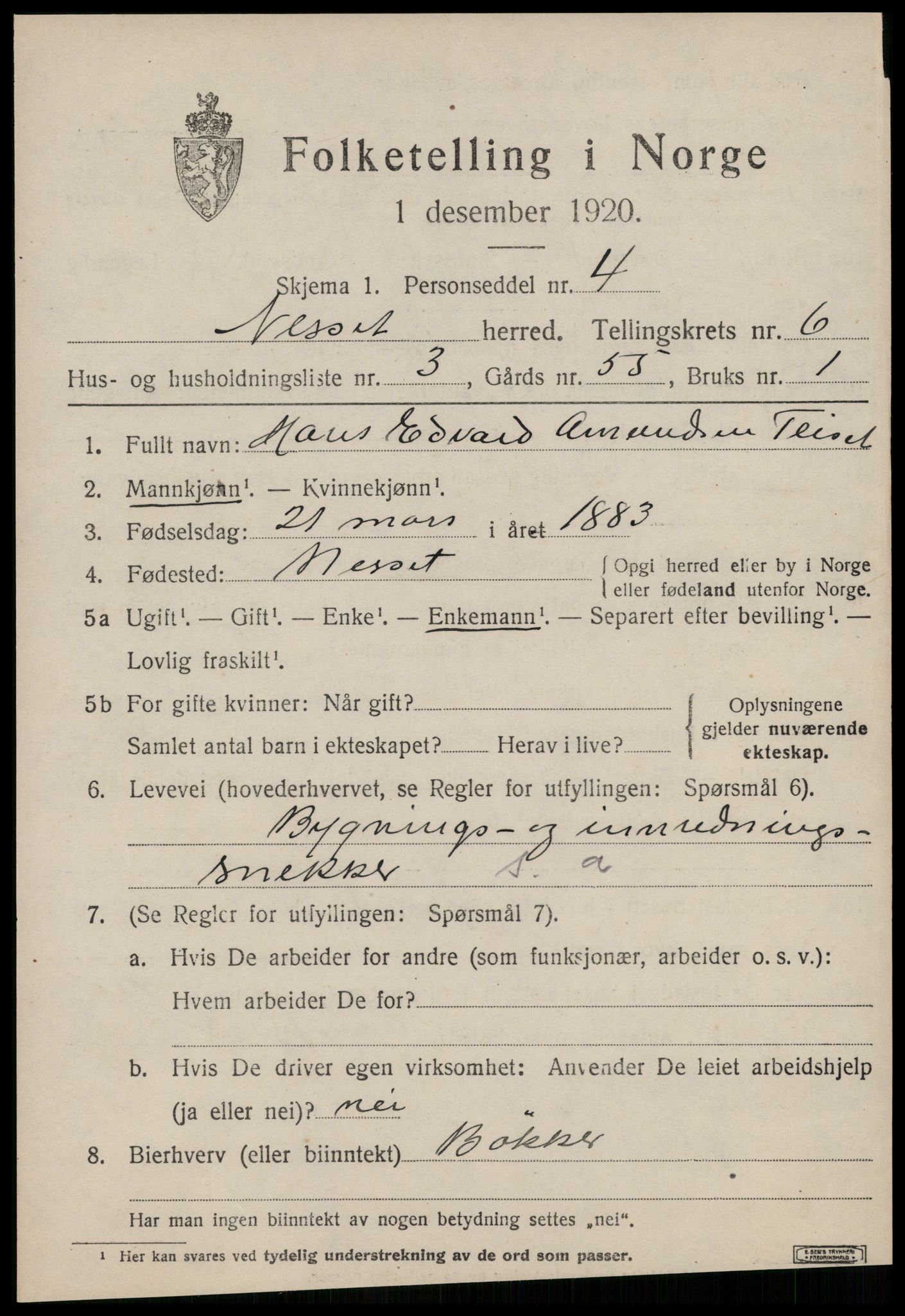 SAT, 1920 census for Nesset, 1920, p. 2822