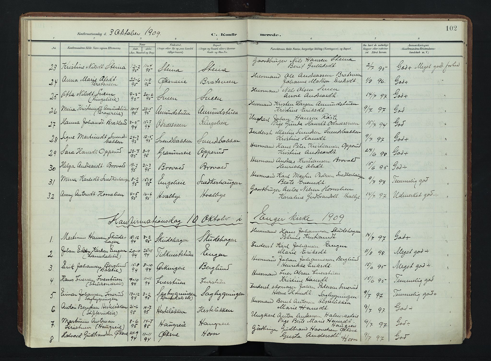 Søndre Land prestekontor, AV/SAH-PREST-122/K/L0007: Parish register (official) no. 7, 1905-1914, p. 102