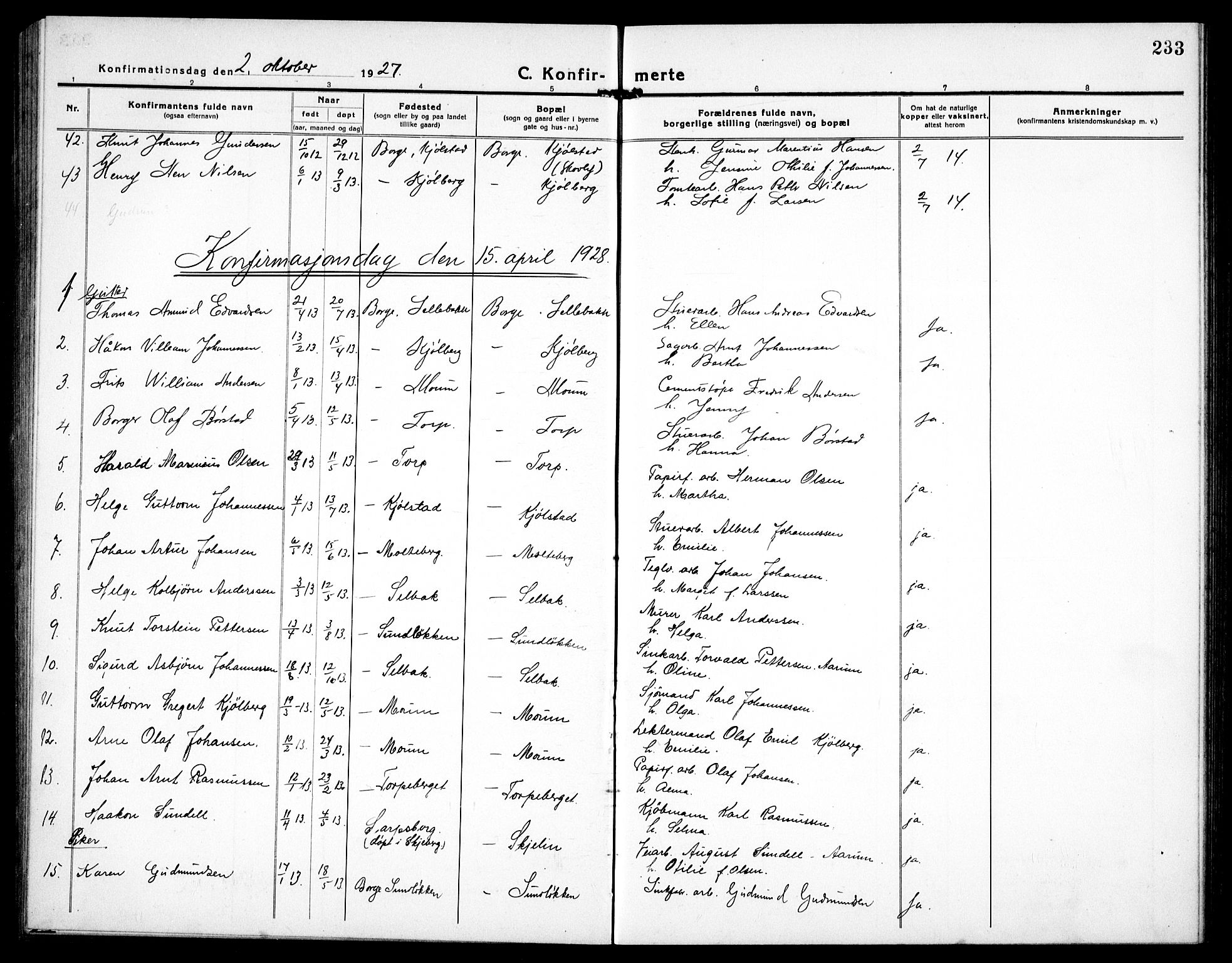 Borge prestekontor Kirkebøker, AV/SAO-A-10903/G/Ga/L0003: Parish register (copy) no. I 3, 1918-1939, p. 233
