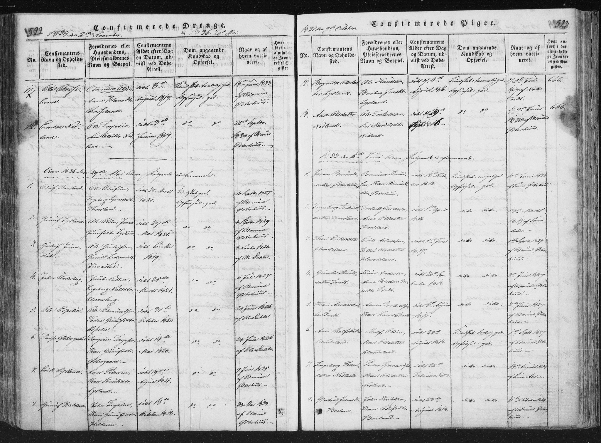 Åseral sokneprestkontor, SAK/1111-0051/F/Fa/L0001: Parish register (official) no. A 1, 1815-1853, p. 522-523