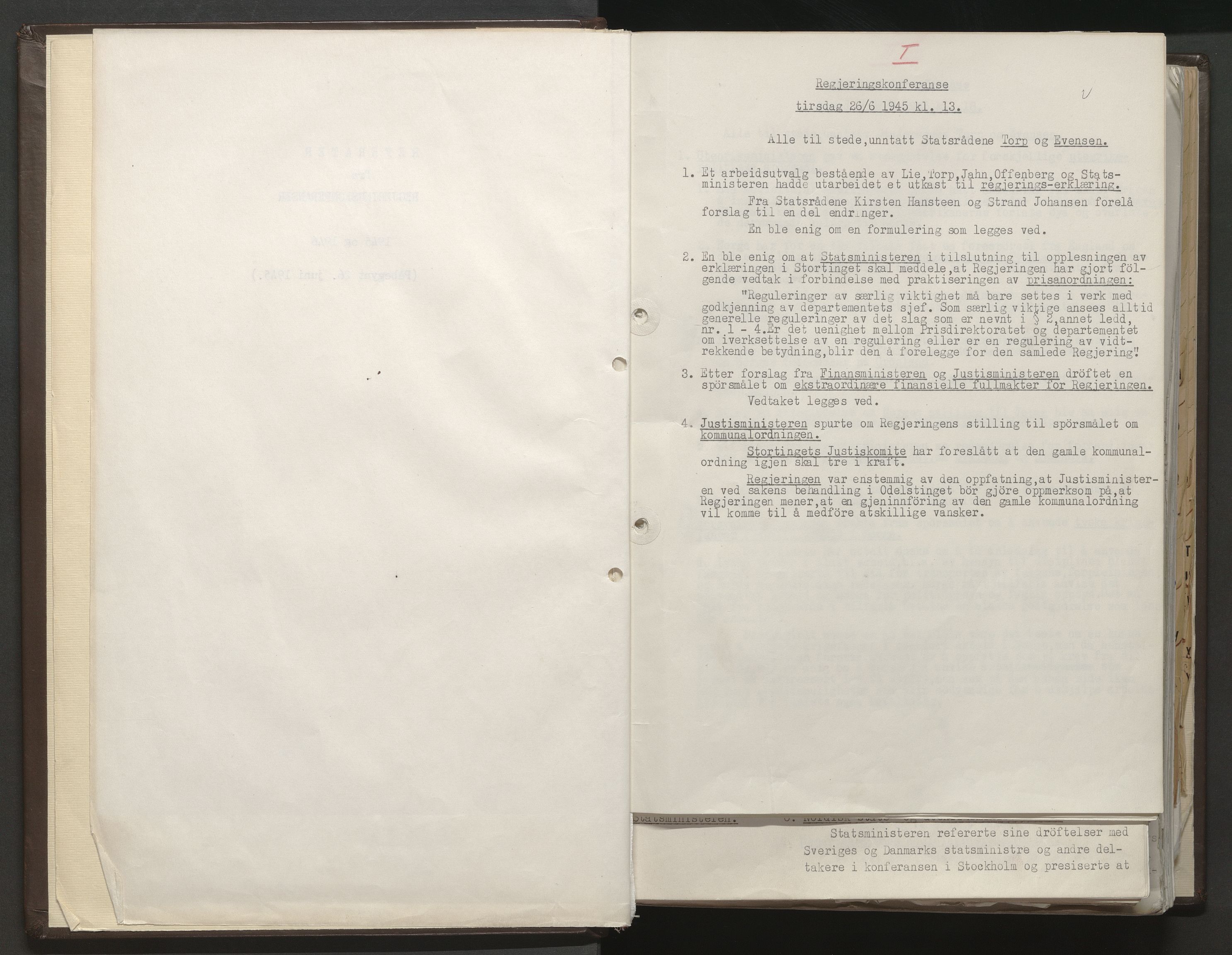 Statsministerens kontor, RA/S-1005/A/Aa/L0004: Referat fra regjeringskonferanser, 1945-1946