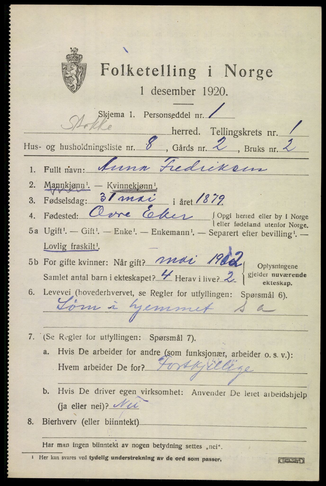 SAKO, 1920 census for Stokke, 1920, p. 2098