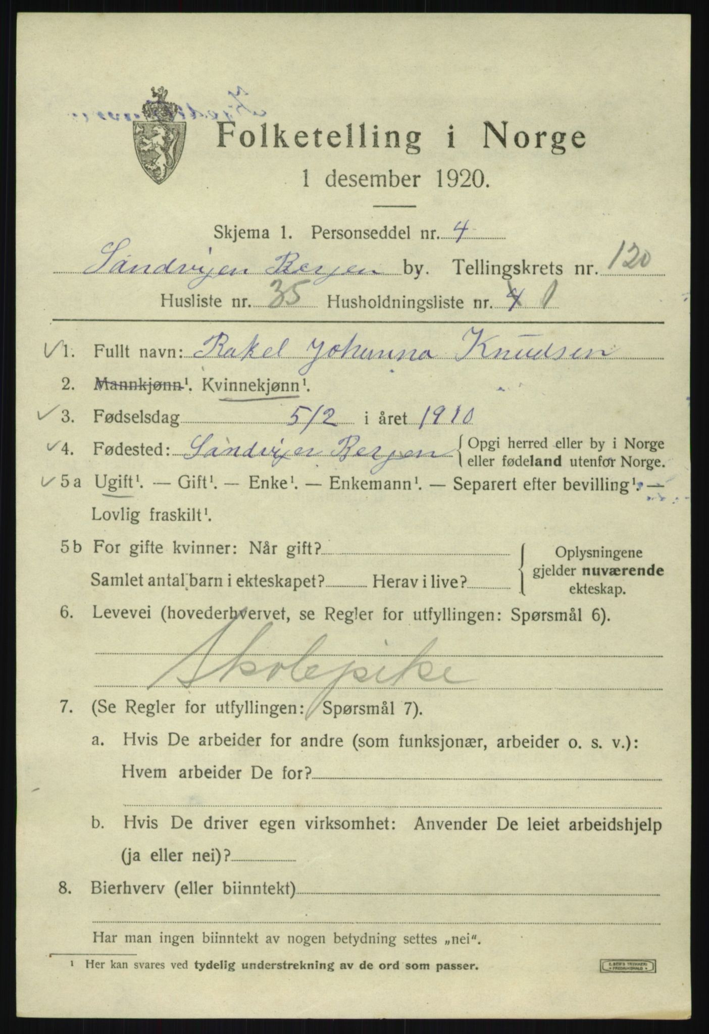 SAB, 1920 census for Bergen, 1920, p. 202020