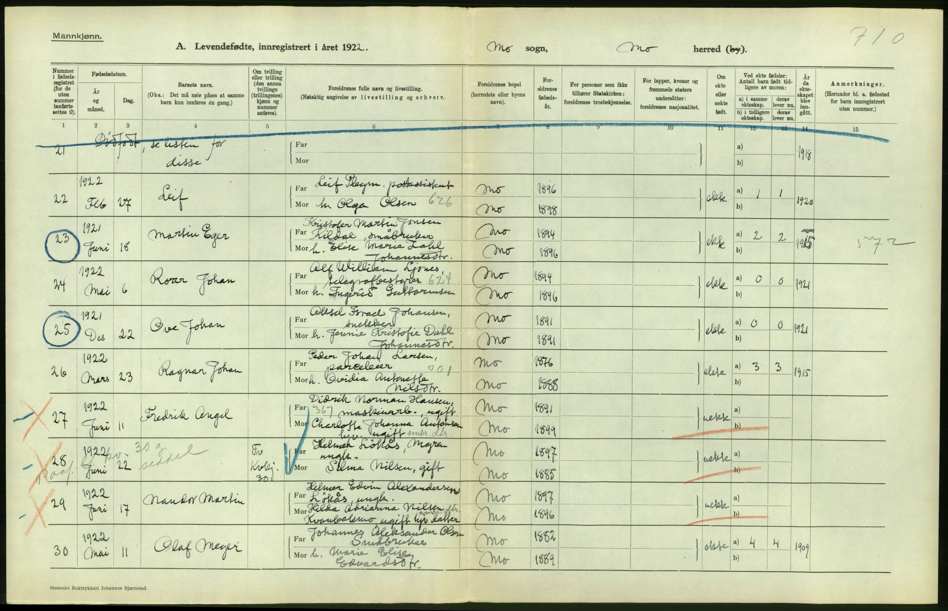 Statistisk sentralbyrå, Sosiodemografiske emner, Befolkning, RA/S-2228/D/Df/Dfc/Dfcb/L0044: Nordland fylke: Levendefødte menn og kvinner. Bygder og byer., 1922, p. 274