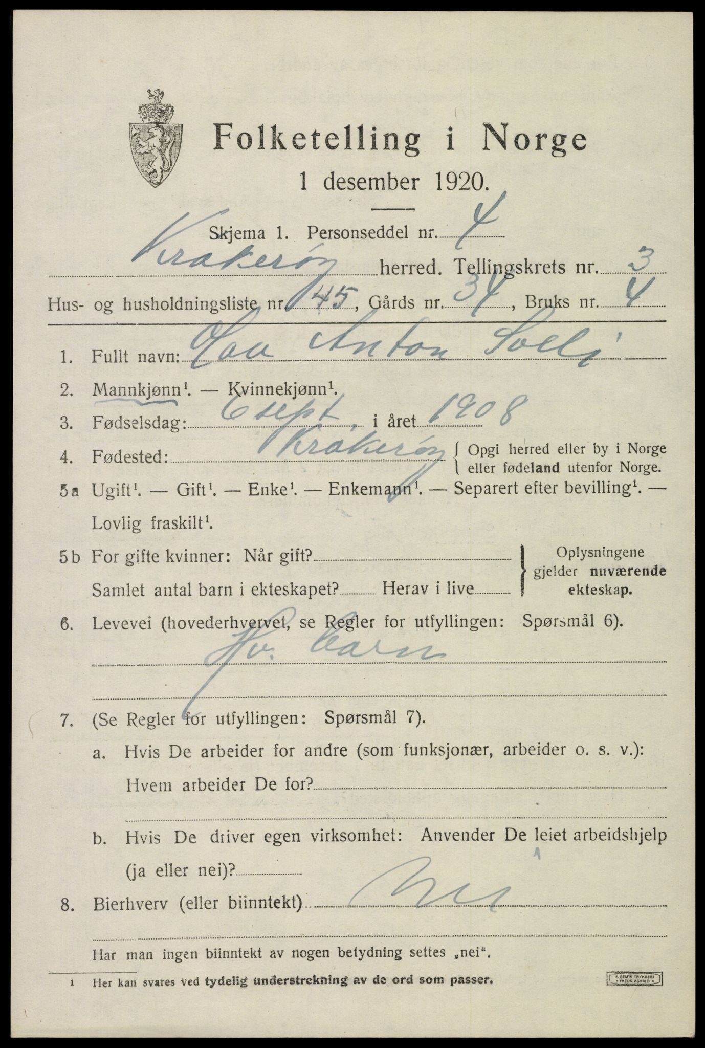 SAO, 1920 census for Kråkerøy, 1920, p. 4872