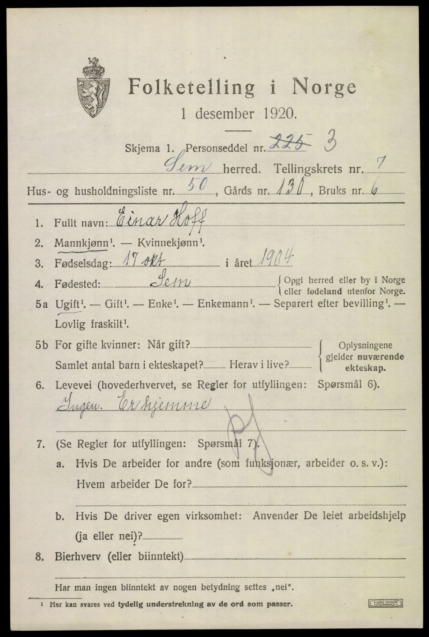 SAKO, 1920 census for Sem, 1920, p. 10791