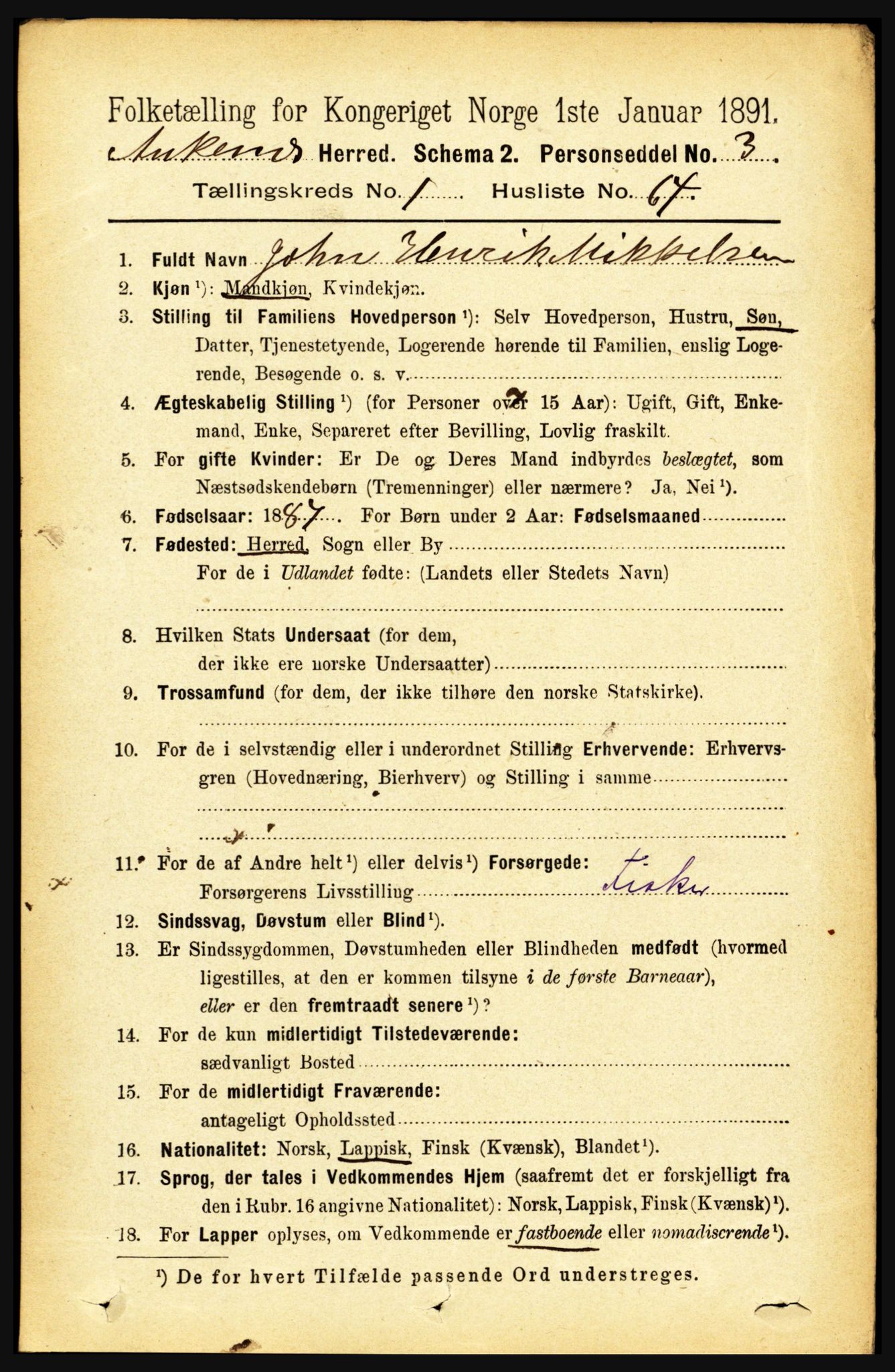 RA, 1891 census for 1855 Ankenes, 1891, p. 544