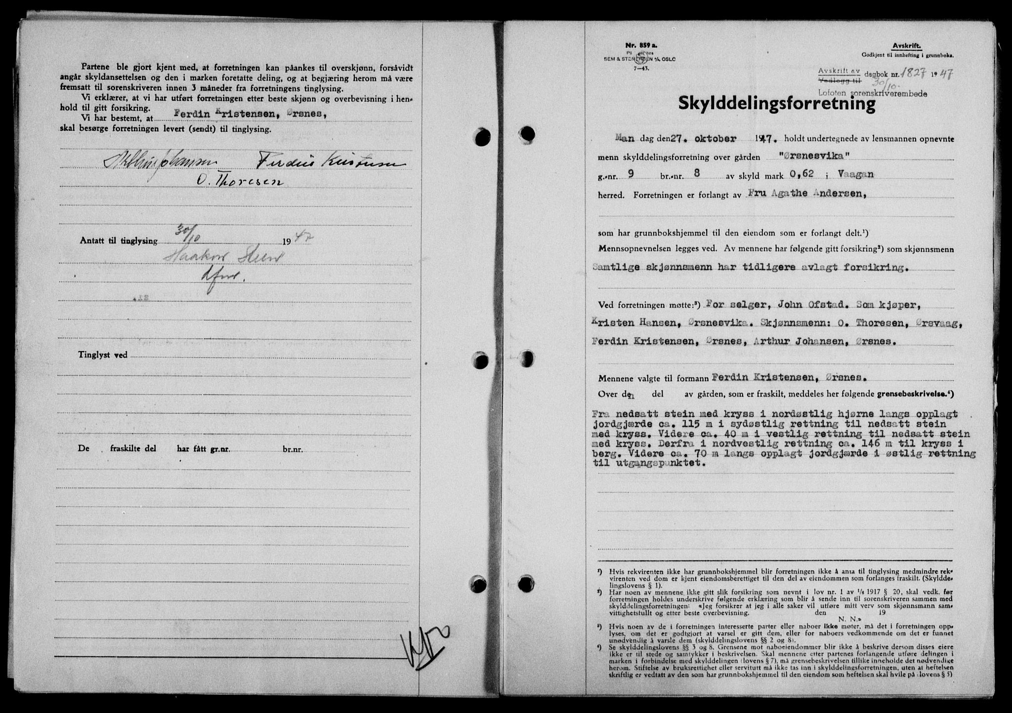 Lofoten sorenskriveri, SAT/A-0017/1/2/2C/L0017a: Mortgage book no. 17a, 1947-1948, Diary no: : 1827/1947