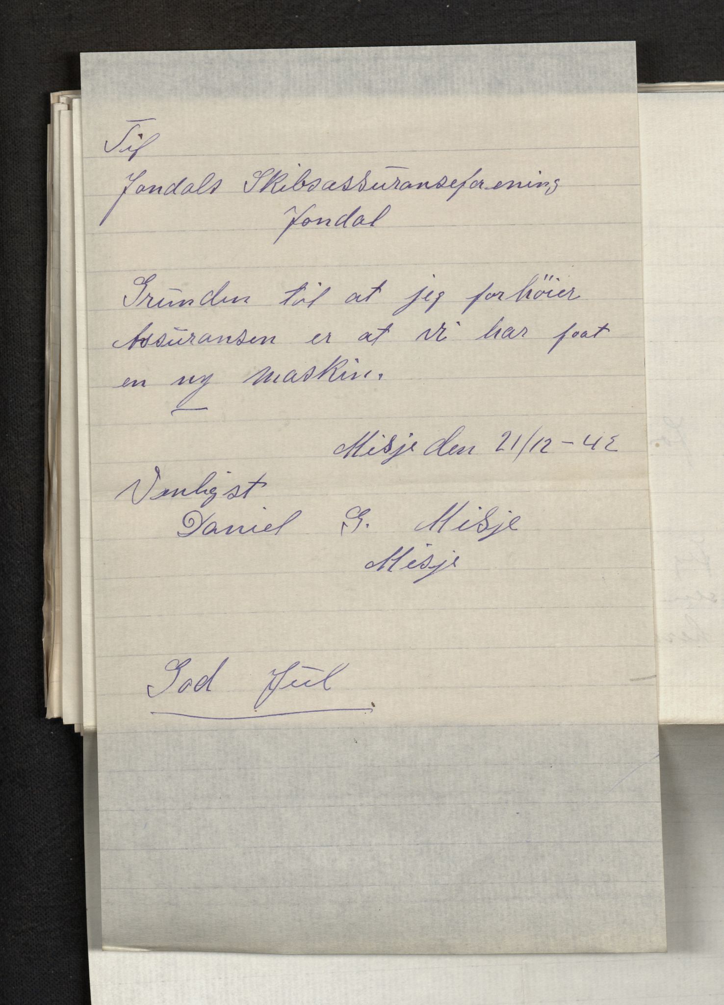 Jondal Skipsassuranseforening, AV/SAB-SAB/PA-0276/E/L0113: Korrespondanse , 1943