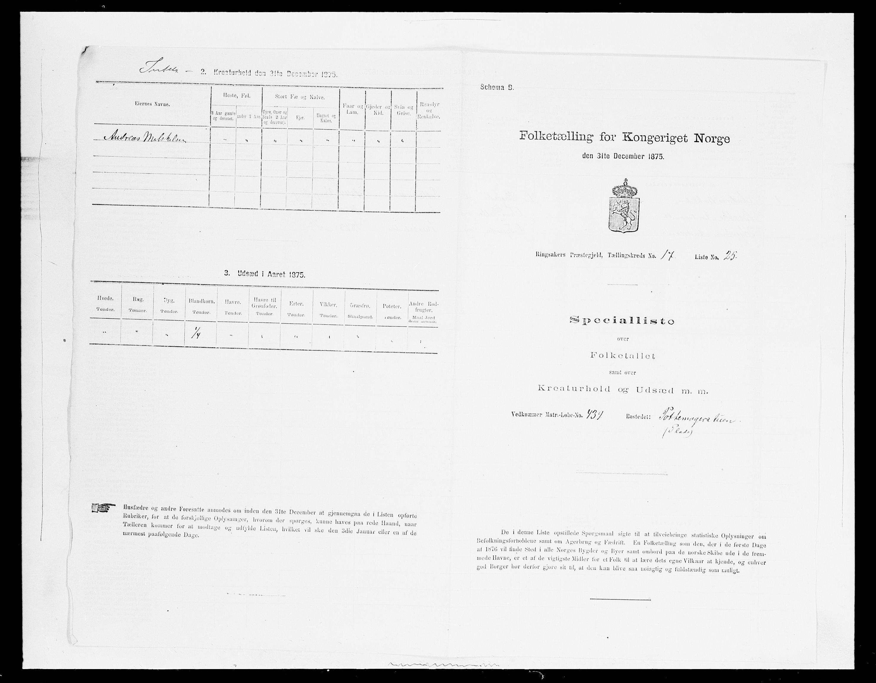 SAH, 1875 census for 0412P Ringsaker, 1875, p. 3441