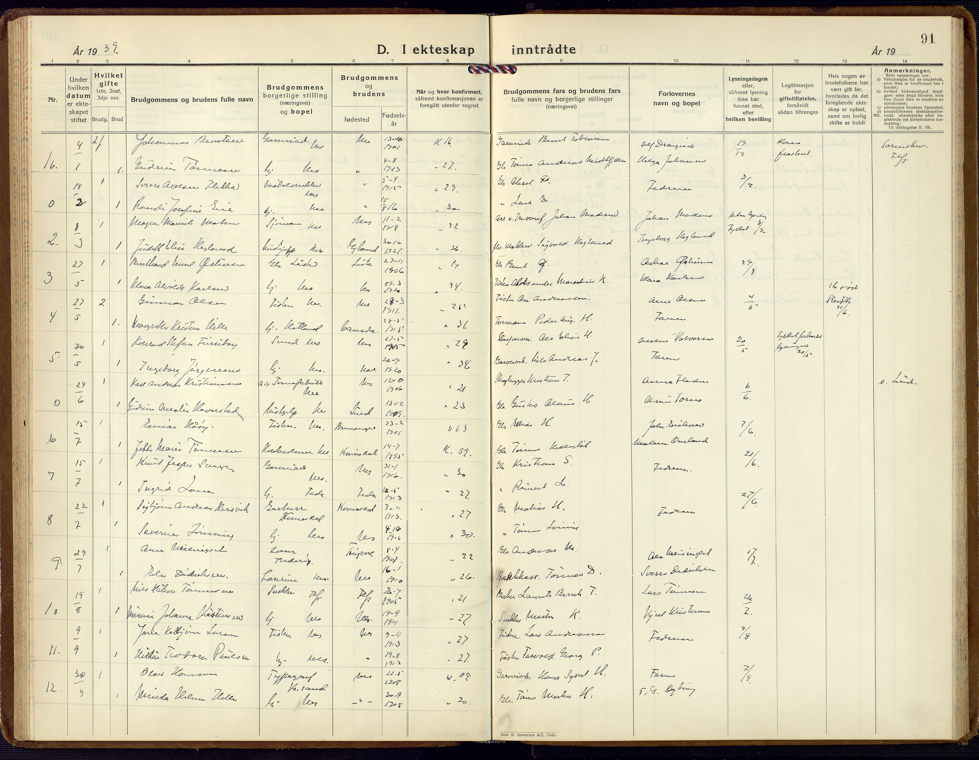 Flekkefjord sokneprestkontor, SAK/1111-0012/F/Fb/Fbc/L0009: Parish register (copy) no. B 9, 1932-1965, p. 91