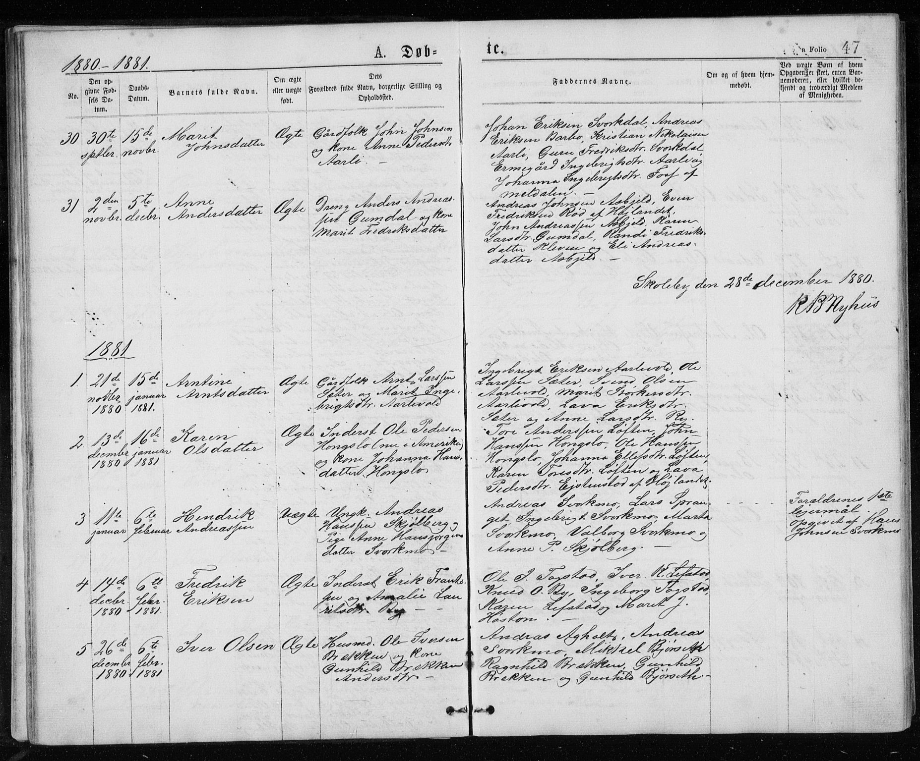 Ministerialprotokoller, klokkerbøker og fødselsregistre - Sør-Trøndelag, SAT/A-1456/671/L0843: Parish register (copy) no. 671C02, 1873-1892, p. 47