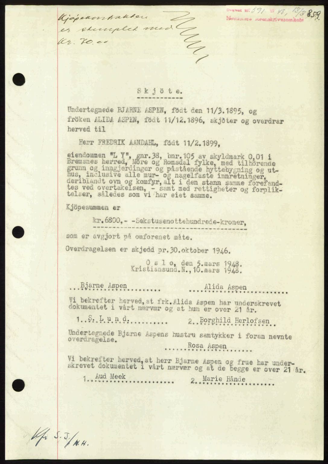 Nordmøre sorenskriveri, AV/SAT-A-4132/1/2/2Ca: Mortgage book no. A107, 1947-1948, Diary no: : 591/1948