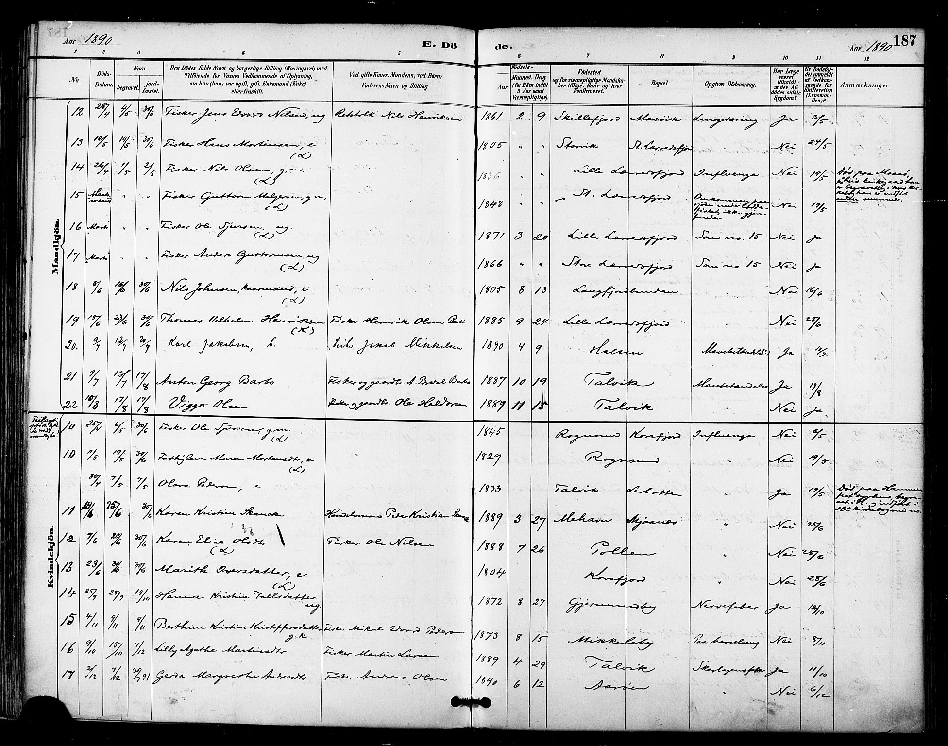 Talvik sokneprestkontor, AV/SATØ-S-1337/H/Ha/L0013kirke: Parish register (official) no. 13, 1886-1897, p. 187