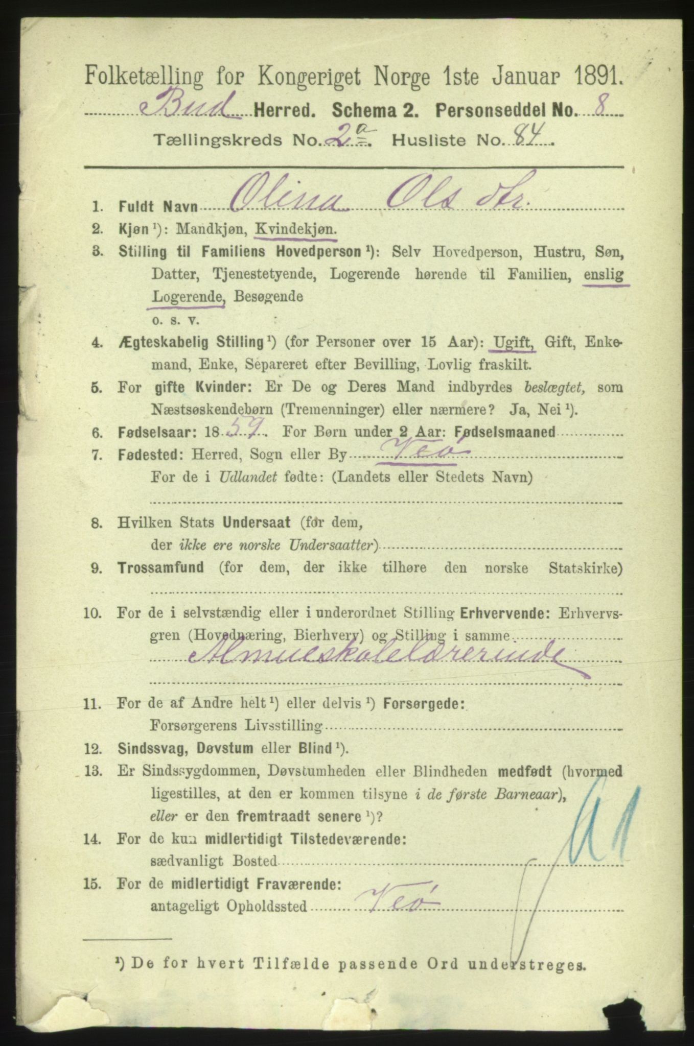 RA, 1891 census for 1549 Bud, 1891, p. 1193