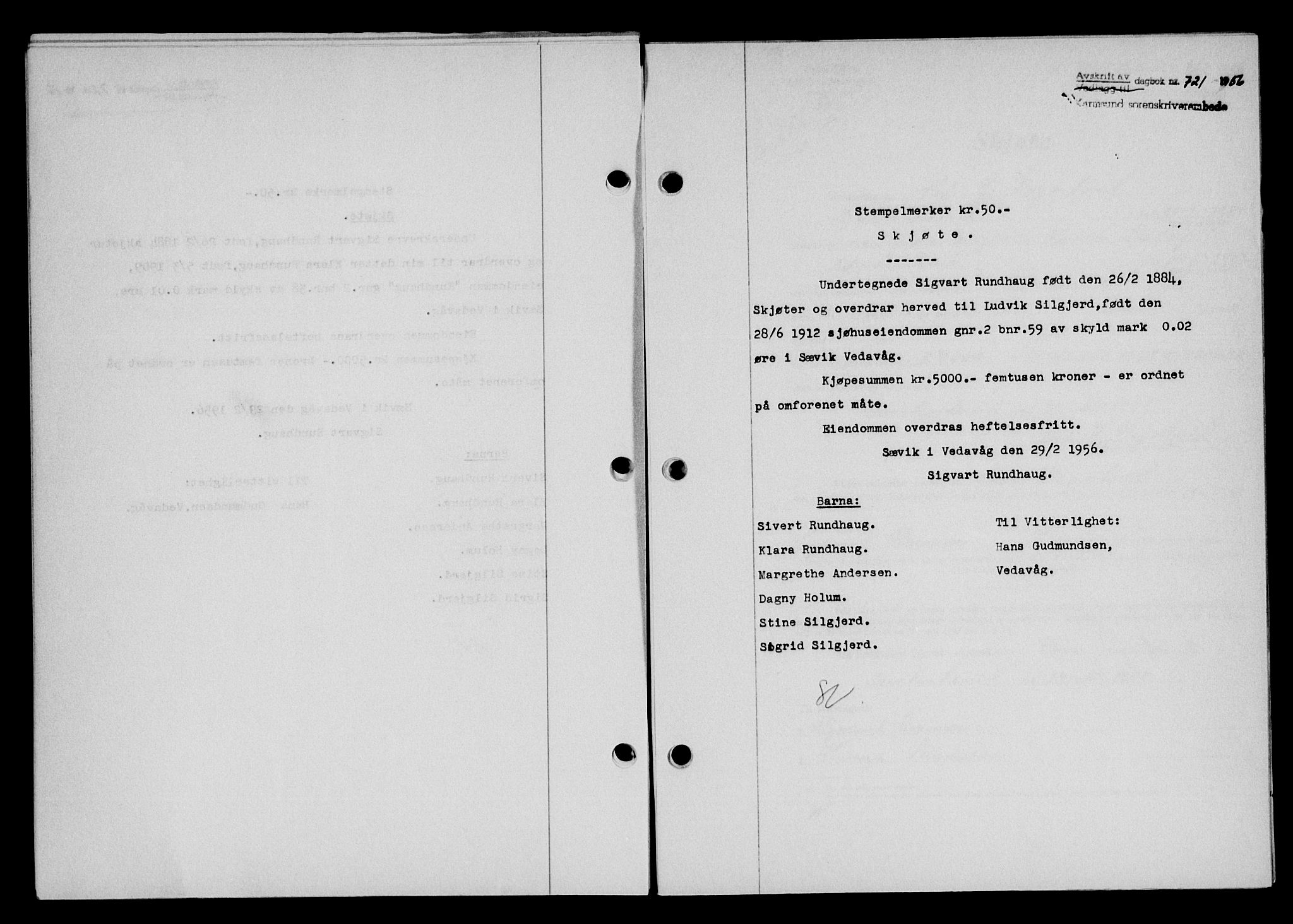 Karmsund sorenskriveri, SAST/A-100311/01/II/IIB/L0118: Mortgage book no. 98A, 1955-1956, Diary no: : 721/1956