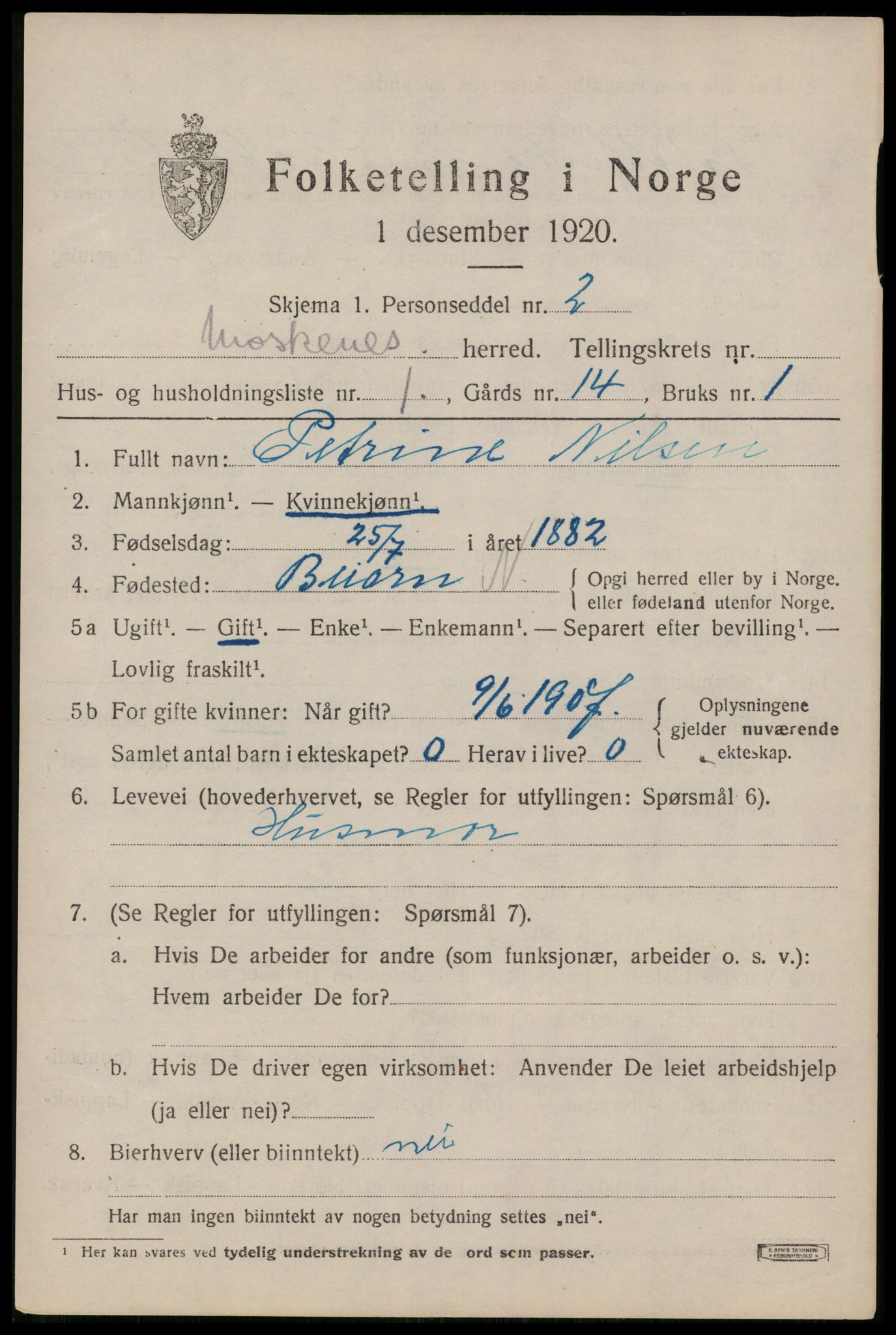 SAT, 1920 census for Moskenes, 1920, p. 1740