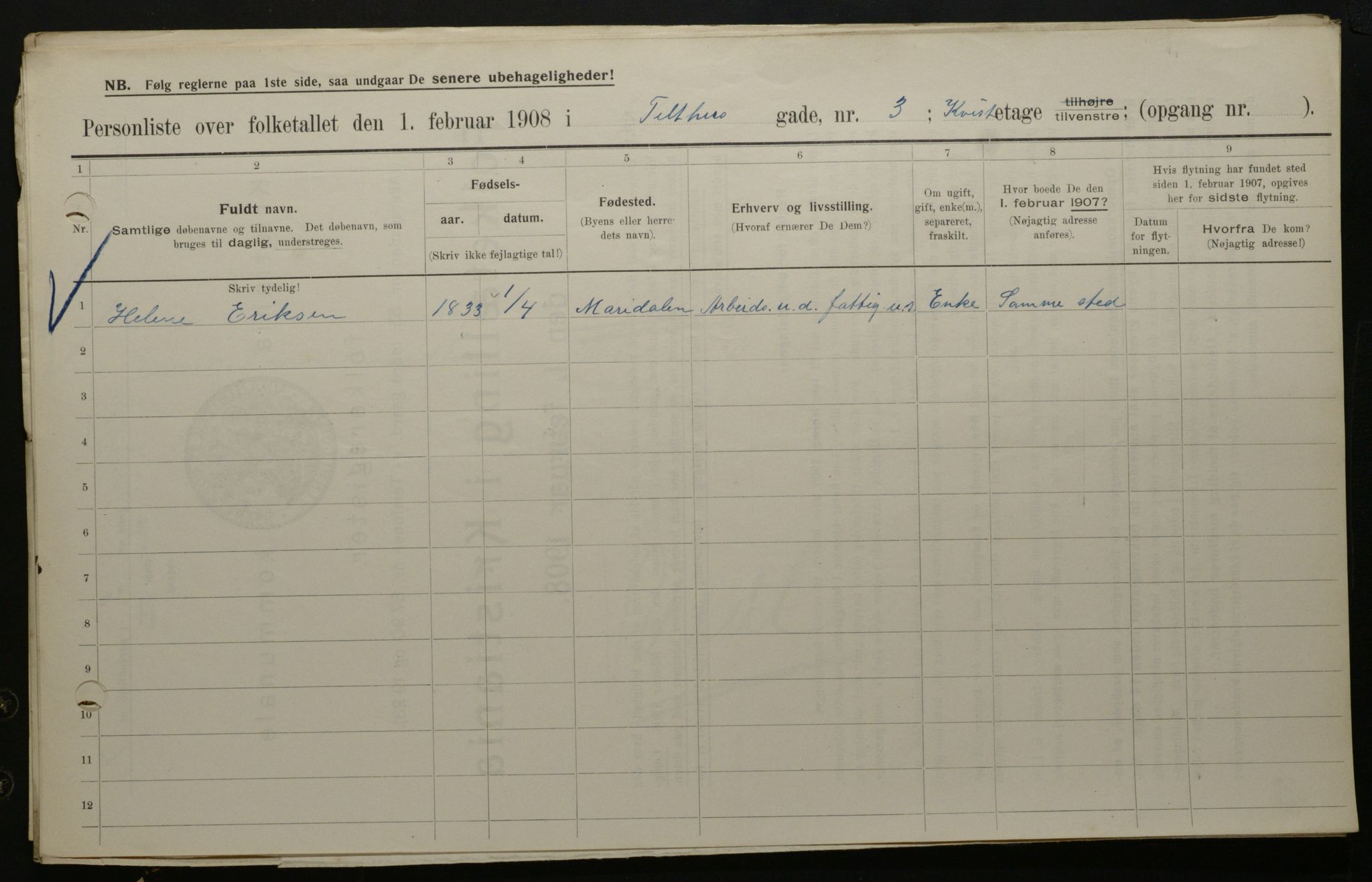 OBA, Municipal Census 1908 for Kristiania, 1908, p. 96706