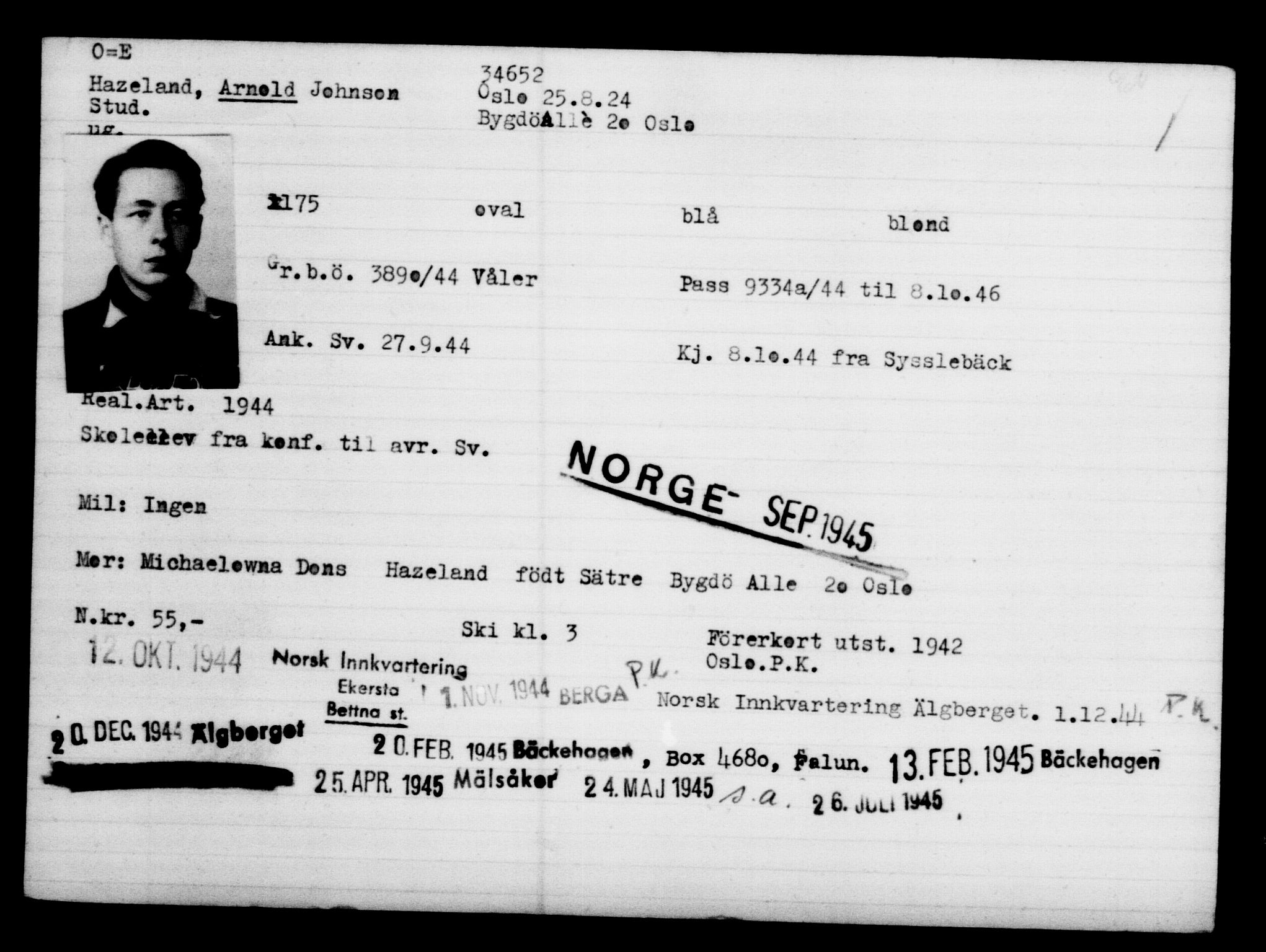 Utenriksstasjonene, Legasjonen i Stockholm, Flyktningkontoret, AV/RA-S-6753/V/Va/L0013: Kjesäterkartoteket, flyktninger med registreringsnr. 31500-34731, 1940-1945, p. 3322