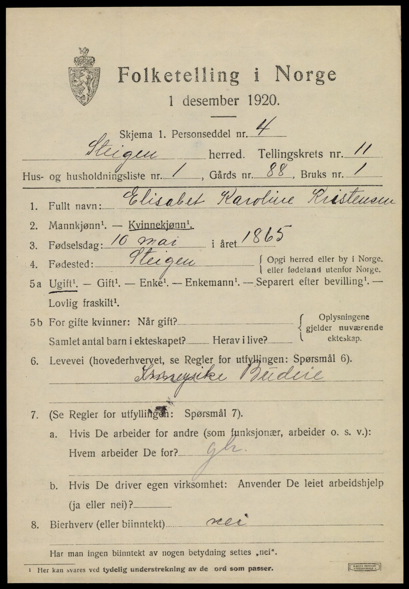 SAT, 1920 census for Steigen, 1920, p. 4420