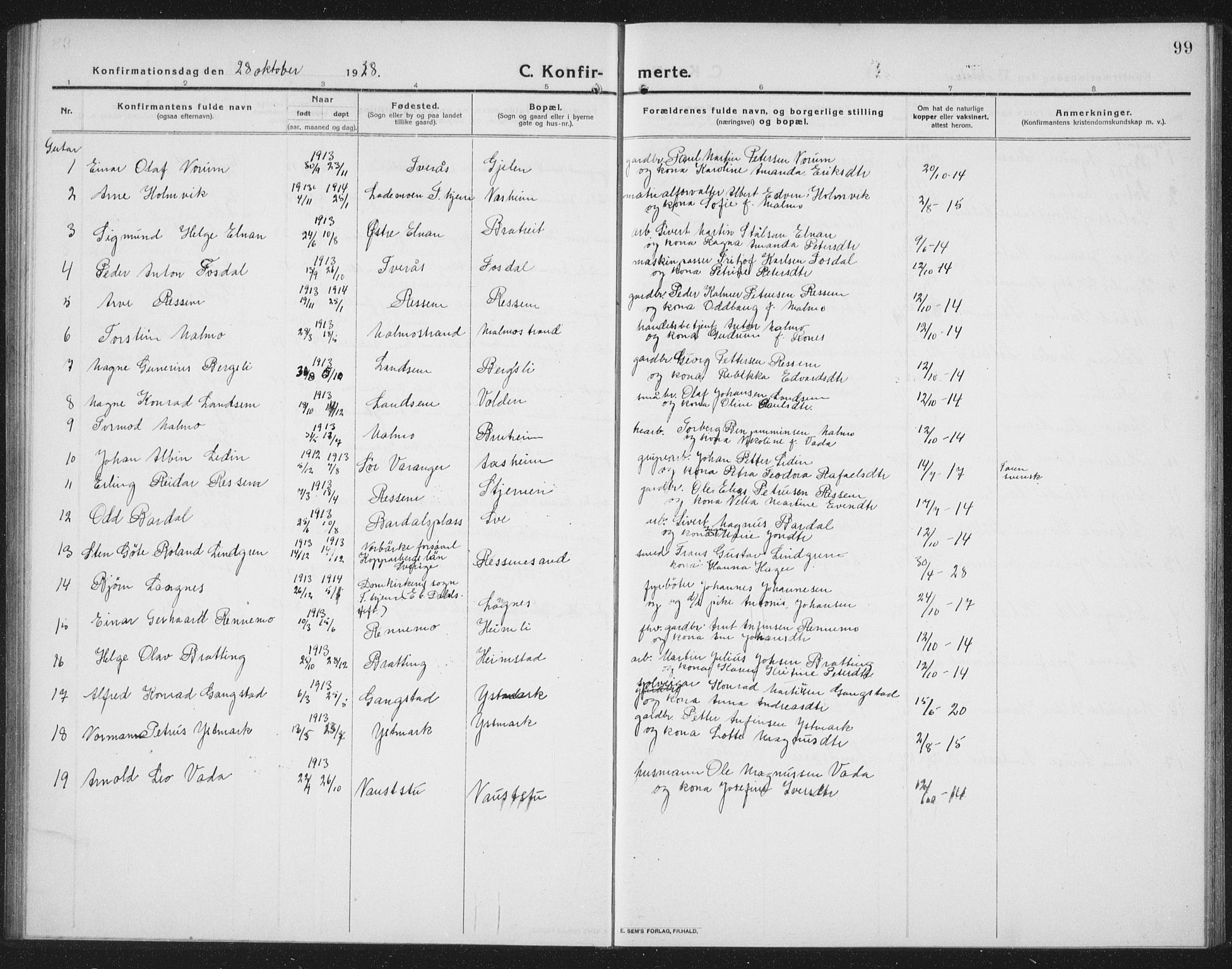 Ministerialprotokoller, klokkerbøker og fødselsregistre - Nord-Trøndelag, SAT/A-1458/745/L0434: Parish register (copy) no. 745C03, 1914-1937, p. 99