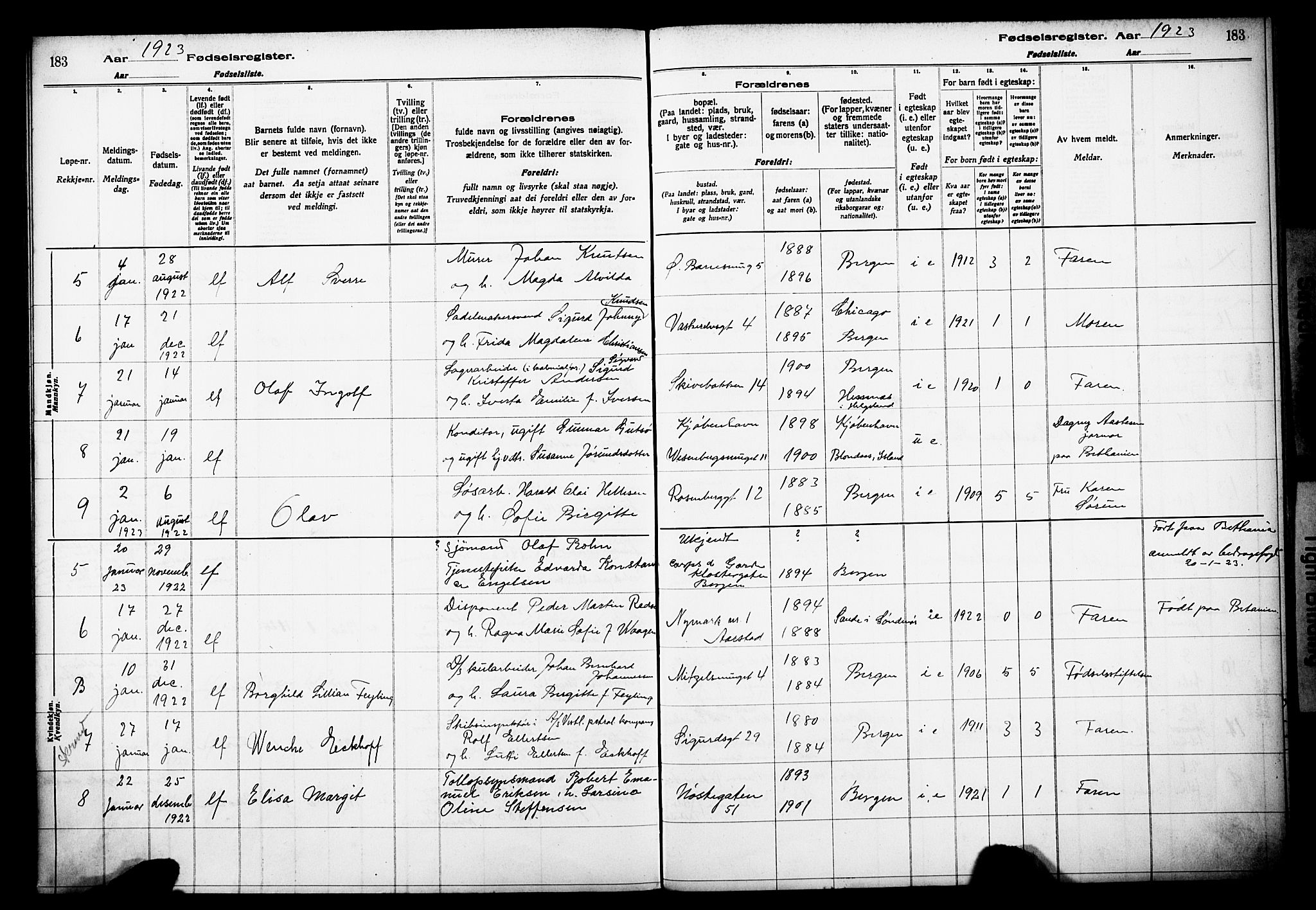 Domkirken sokneprestembete, AV/SAB-A-74801/I/Id/L00A1: Birth register no. A 1, 1916-1923, p. 183