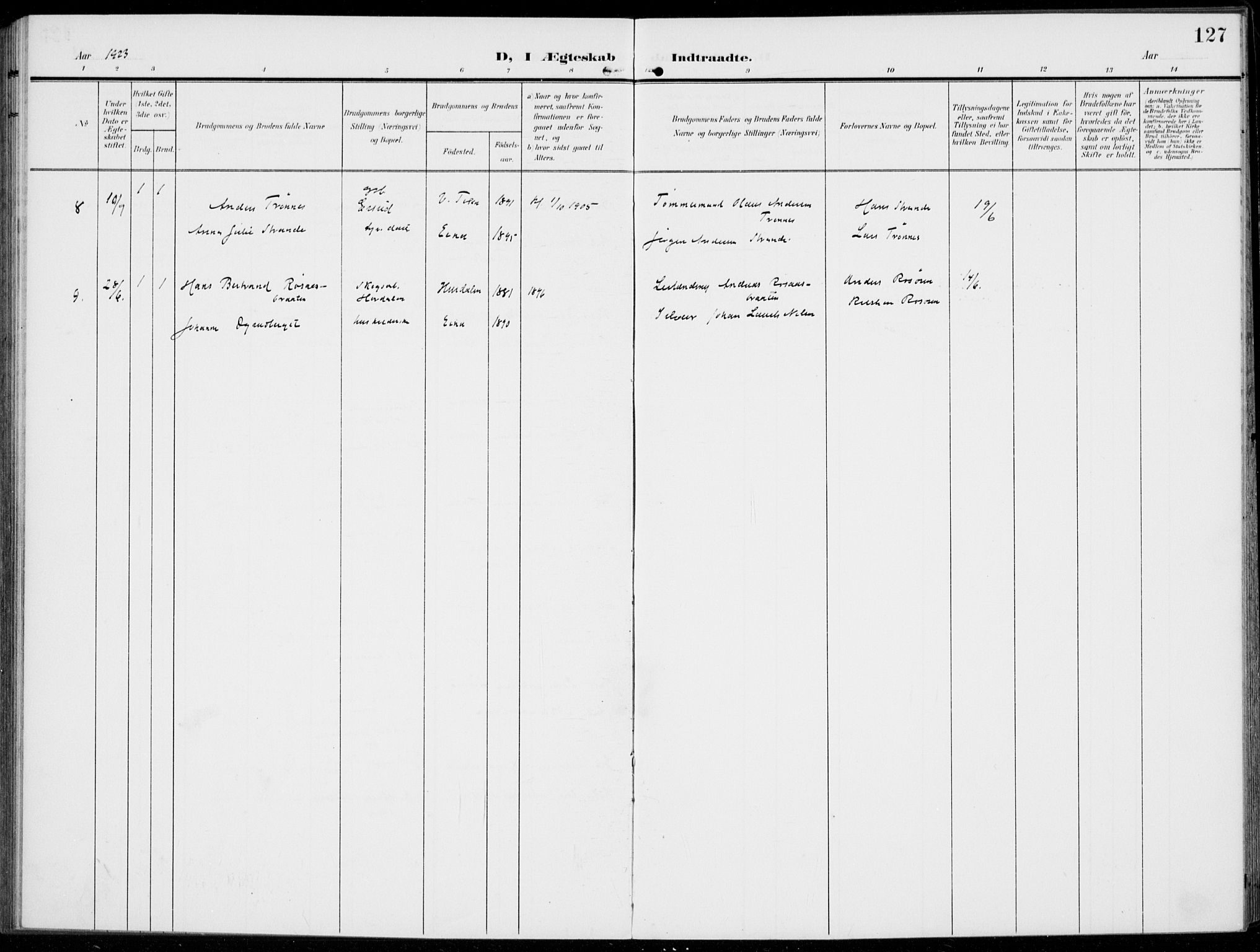 Kolbu prestekontor, SAH/PREST-110/H/Ha/Haa/L0001: Parish register (official) no. 1, 1907-1923, p. 127