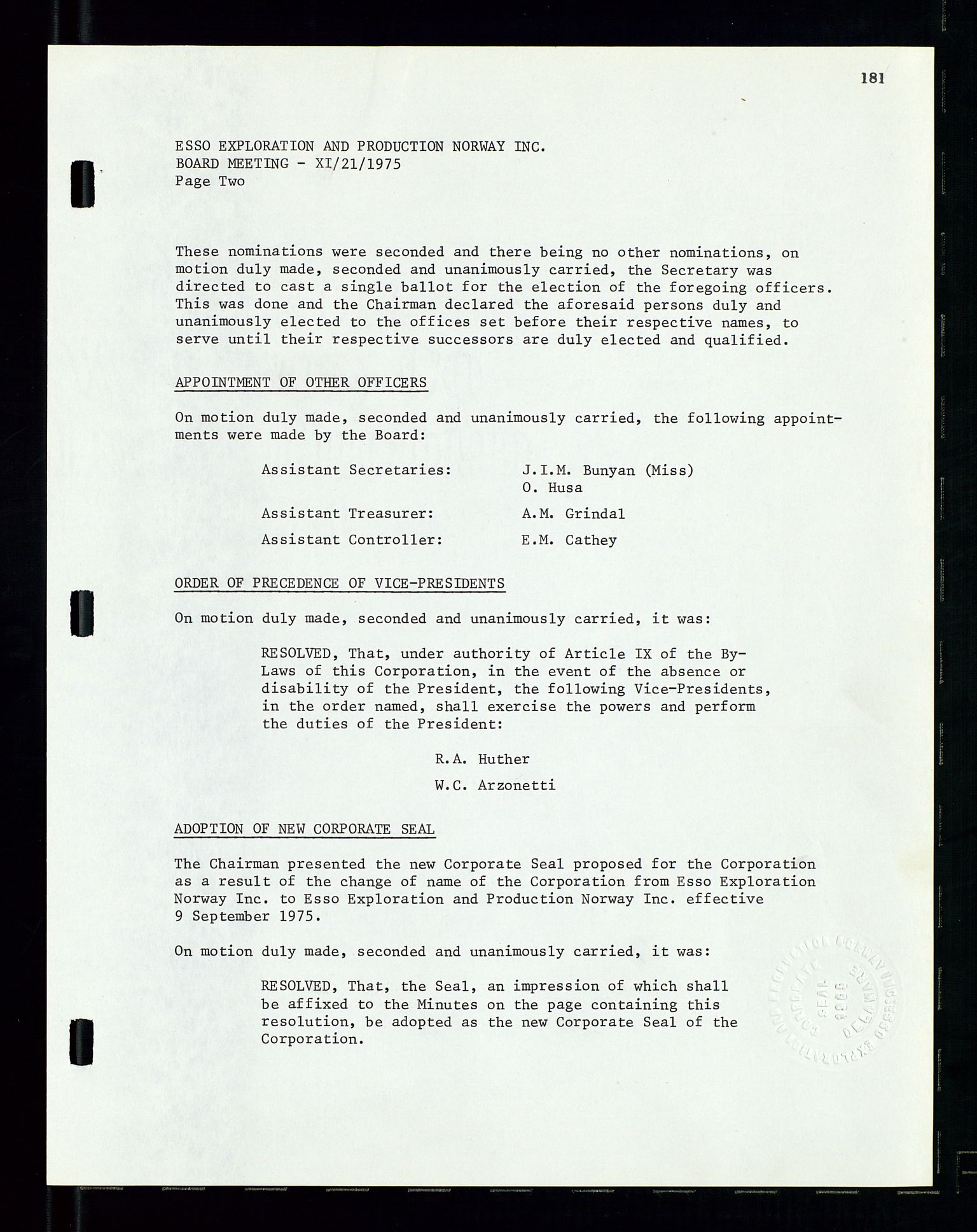 Pa 1512 - Esso Exploration and Production Norway Inc., SAST/A-101917/A/Aa/L0001/0002: Styredokumenter / Corporate records, Board meeting minutes, Agreements, Stocholder meetings, 1975-1979, p. 19