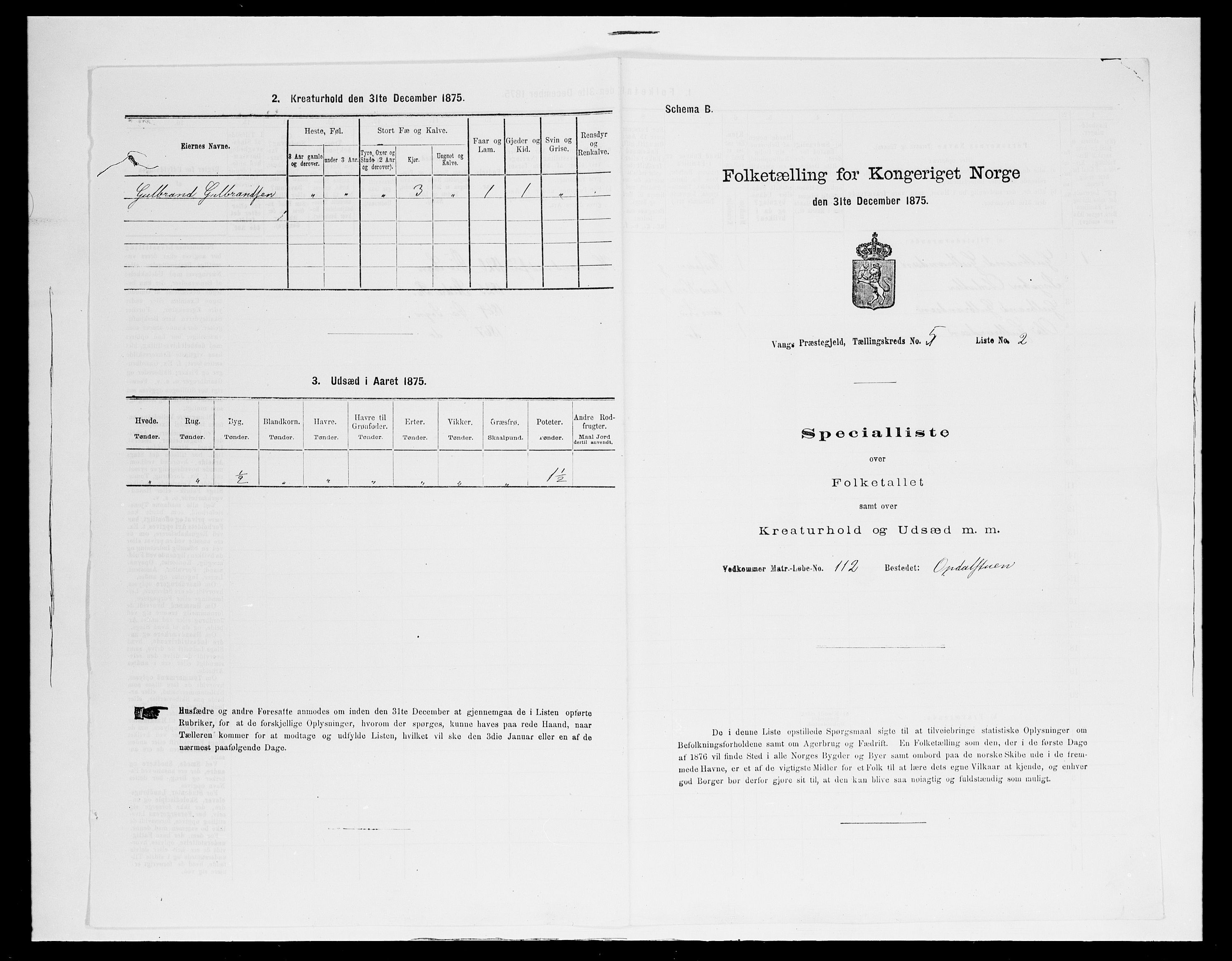SAH, 1875 census for 0545P Vang, 1875, p. 440