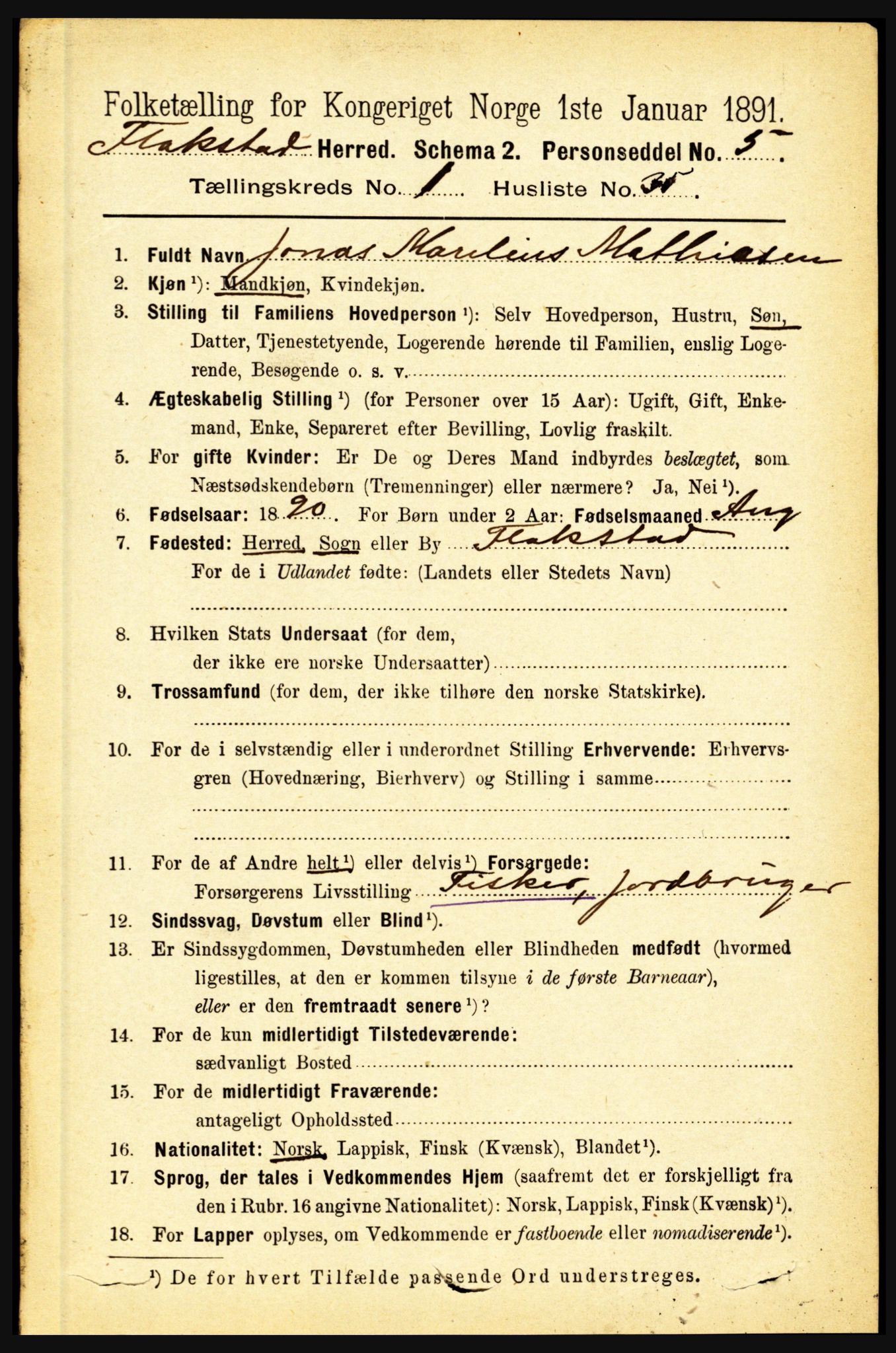 RA, 1891 census for 1859 Flakstad, 1891, p. 374