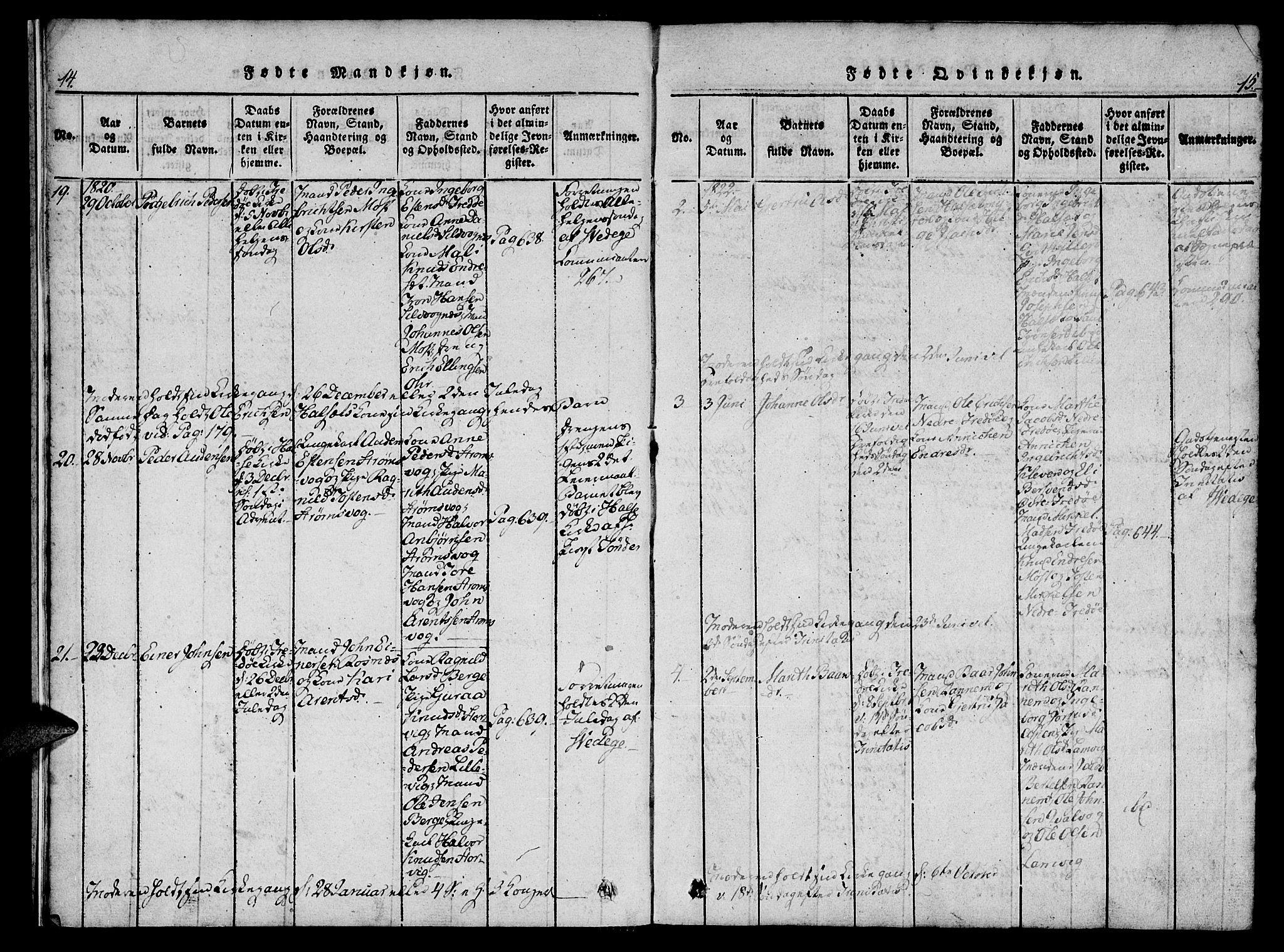 Ministerialprotokoller, klokkerbøker og fødselsregistre - Møre og Romsdal, AV/SAT-A-1454/573/L0873: Parish register (copy) no. 573C01, 1819-1834, p. 14-15