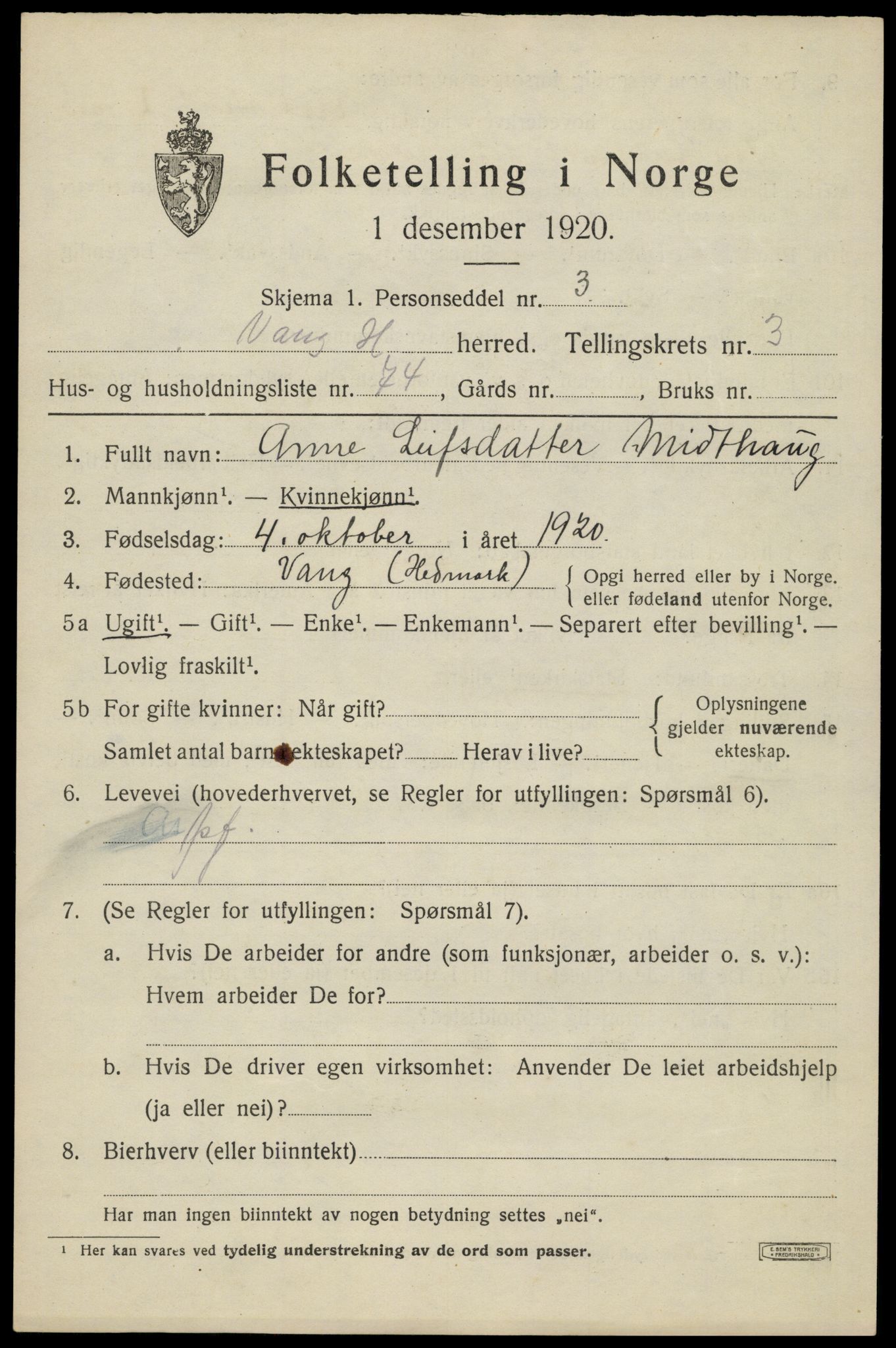 SAH, 1920 census for Vang (Hedmark), 1920, p. 10249