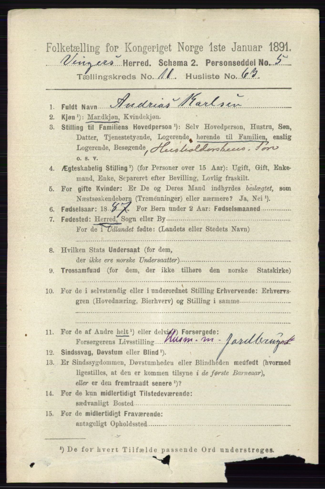 RA, 1891 census for 0421 Vinger, 1891, p. 5728