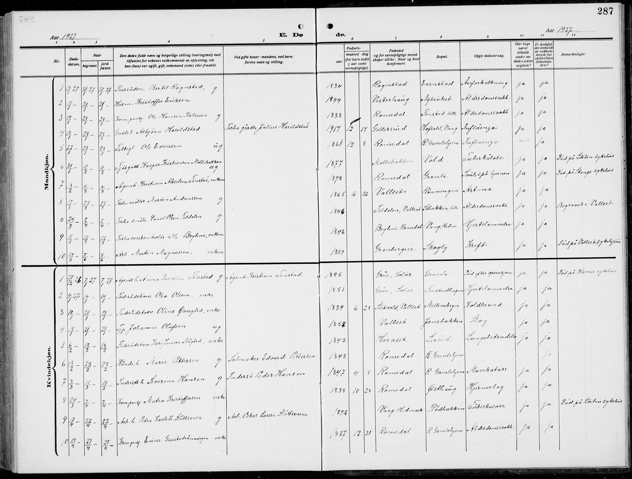 Romedal prestekontor, AV/SAH-PREST-004/L/L0014: Parish register (copy) no. 14, 1915-1939, p. 287