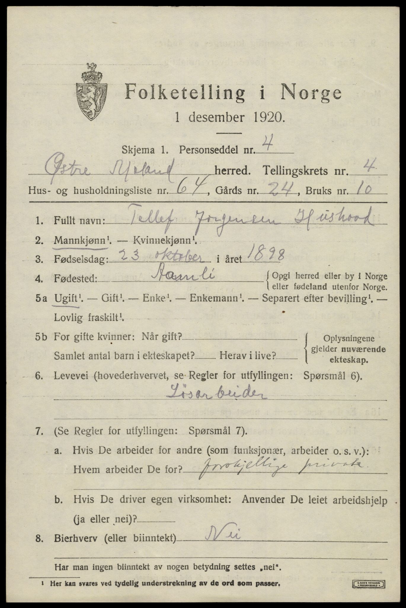 SAK, 1920 census for Austre Moland, 1920, p. 2691