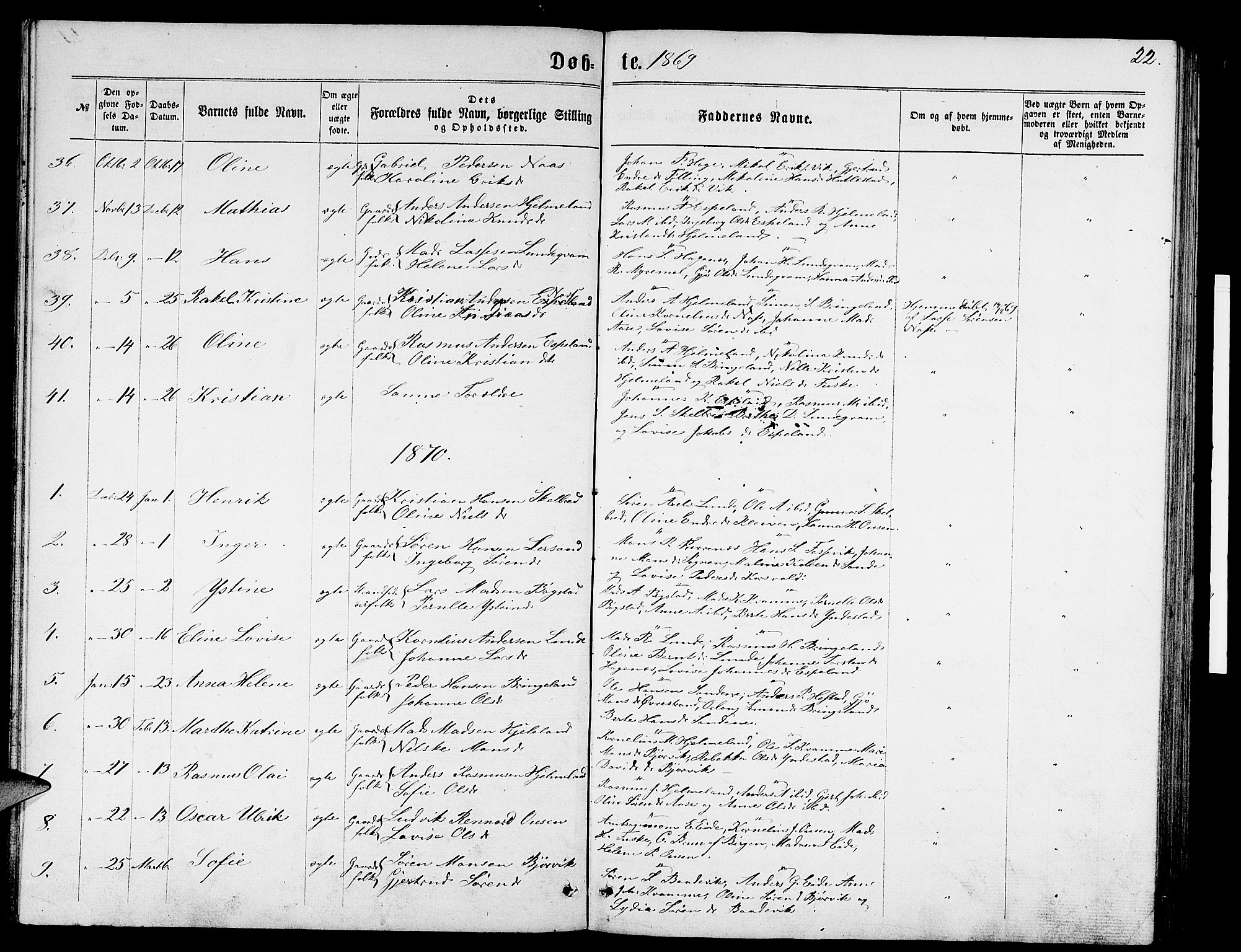 Gaular sokneprestembete, SAB/A-80001/H/Hab: Parish register (copy) no. B 2, 1863-1881, p. 22