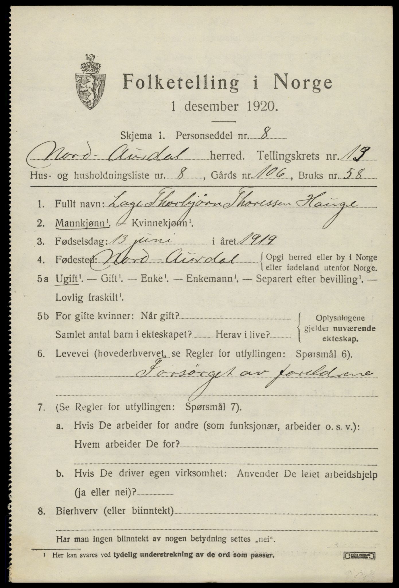 SAH, 1920 census for Nord-Aurdal, 1920, p. 10570