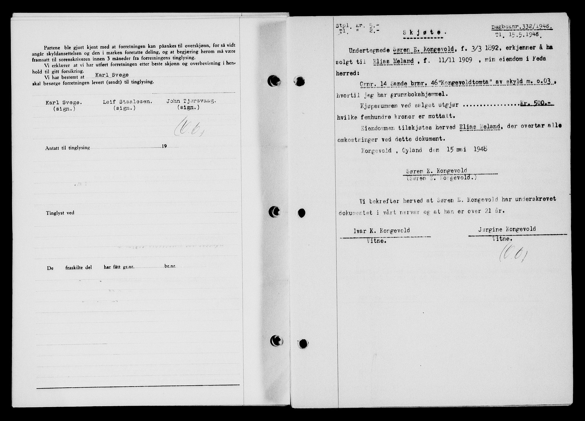 Flekkefjord sorenskriveri, SAK/1221-0001/G/Gb/Gba/L0063: Mortgage book no. A-11, 1947-1948, Diary no: : 332/1948