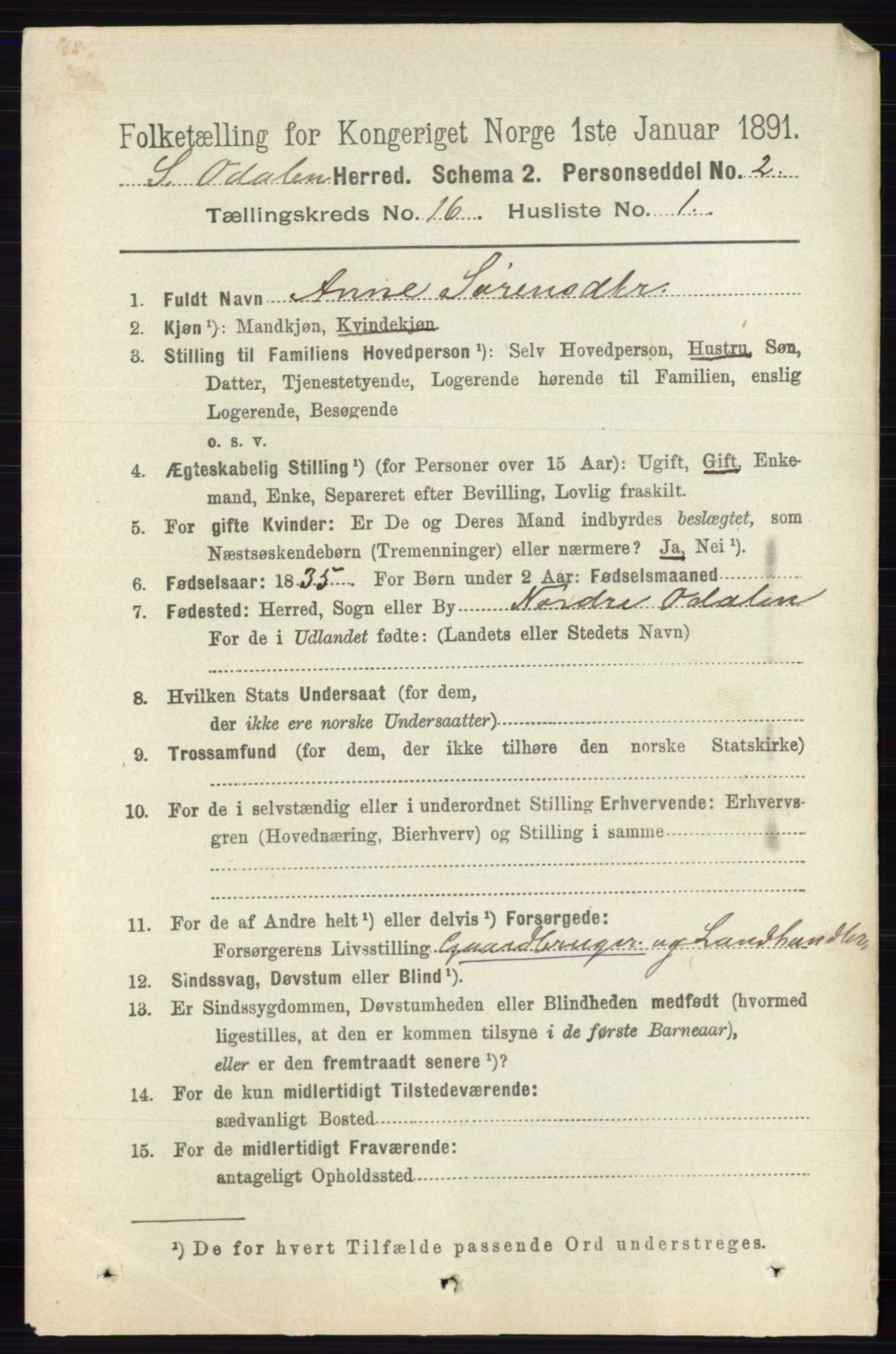 RA, 1891 census for 0419 Sør-Odal, 1891, p. 7271