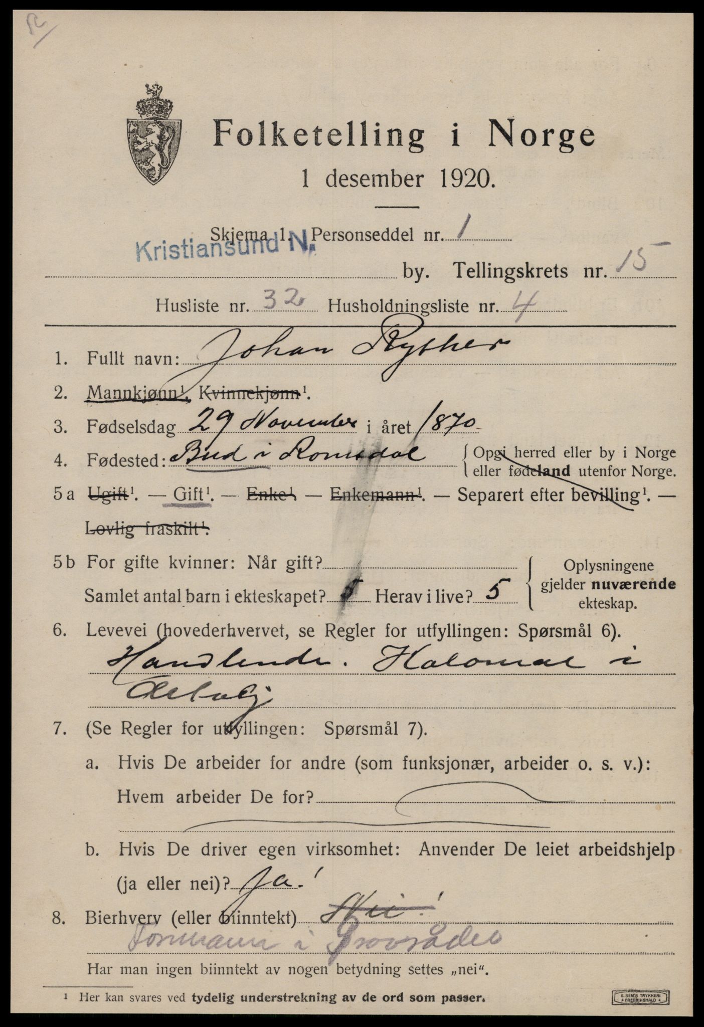 SAT, 1920 census for Kristiansund, 1920, p. 31537