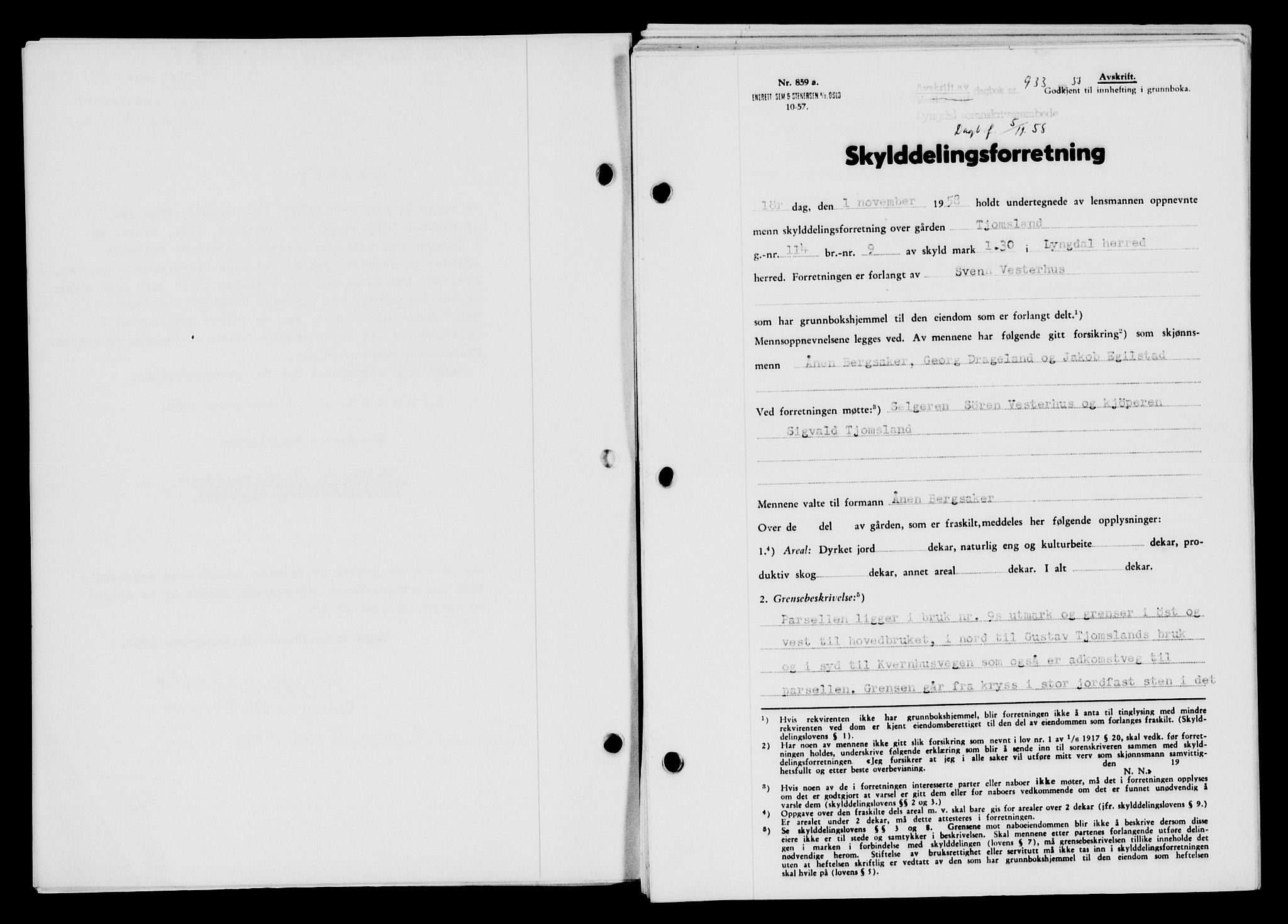 Lyngdal sorenskriveri, AV/SAK-1221-0004/G/Gb/L0678: Mortgage book no. A XXIV, 1958-1959, Diary no: : 933/1958