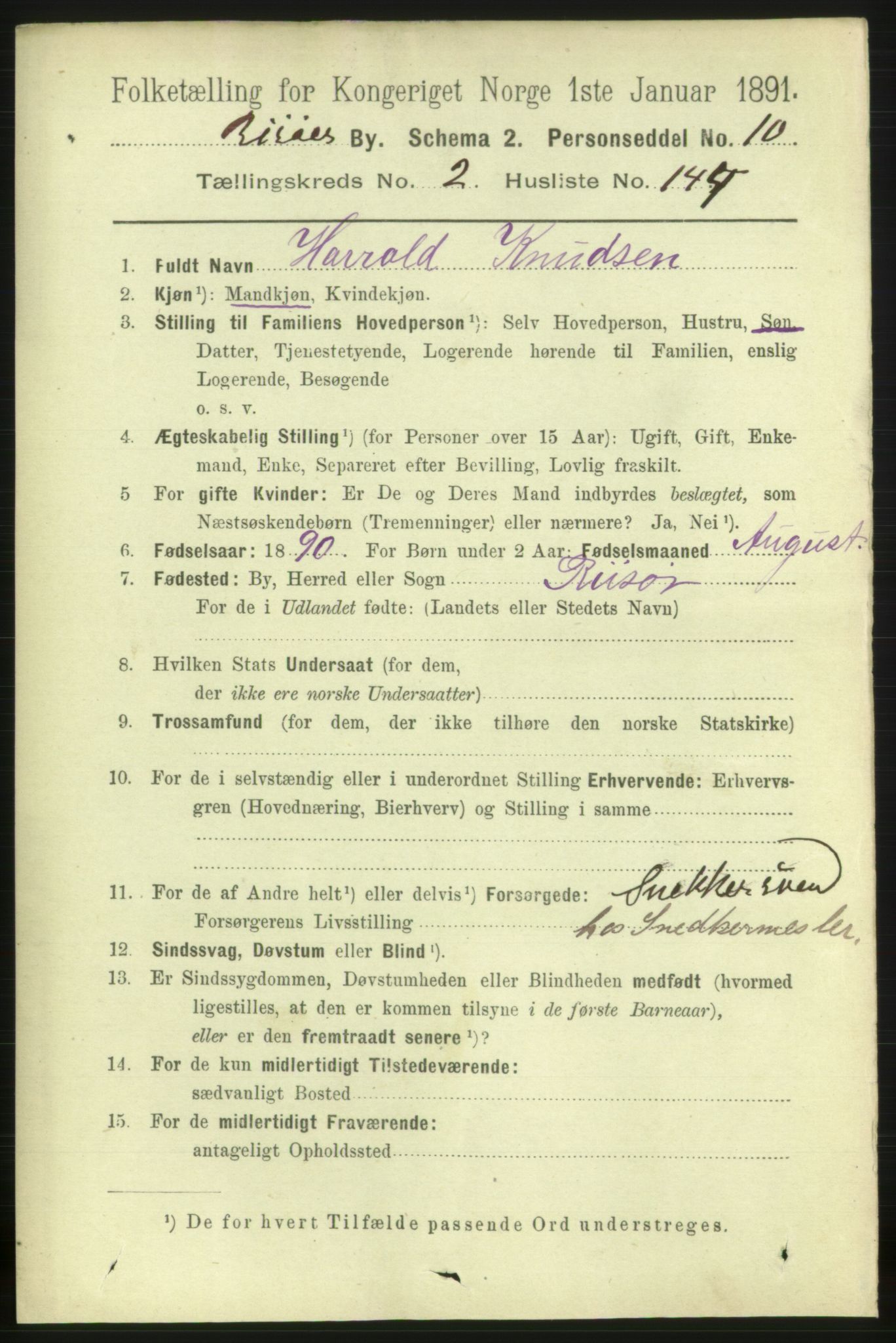 RA, 1891 census for 0901 Risør, 1891, p. 3105