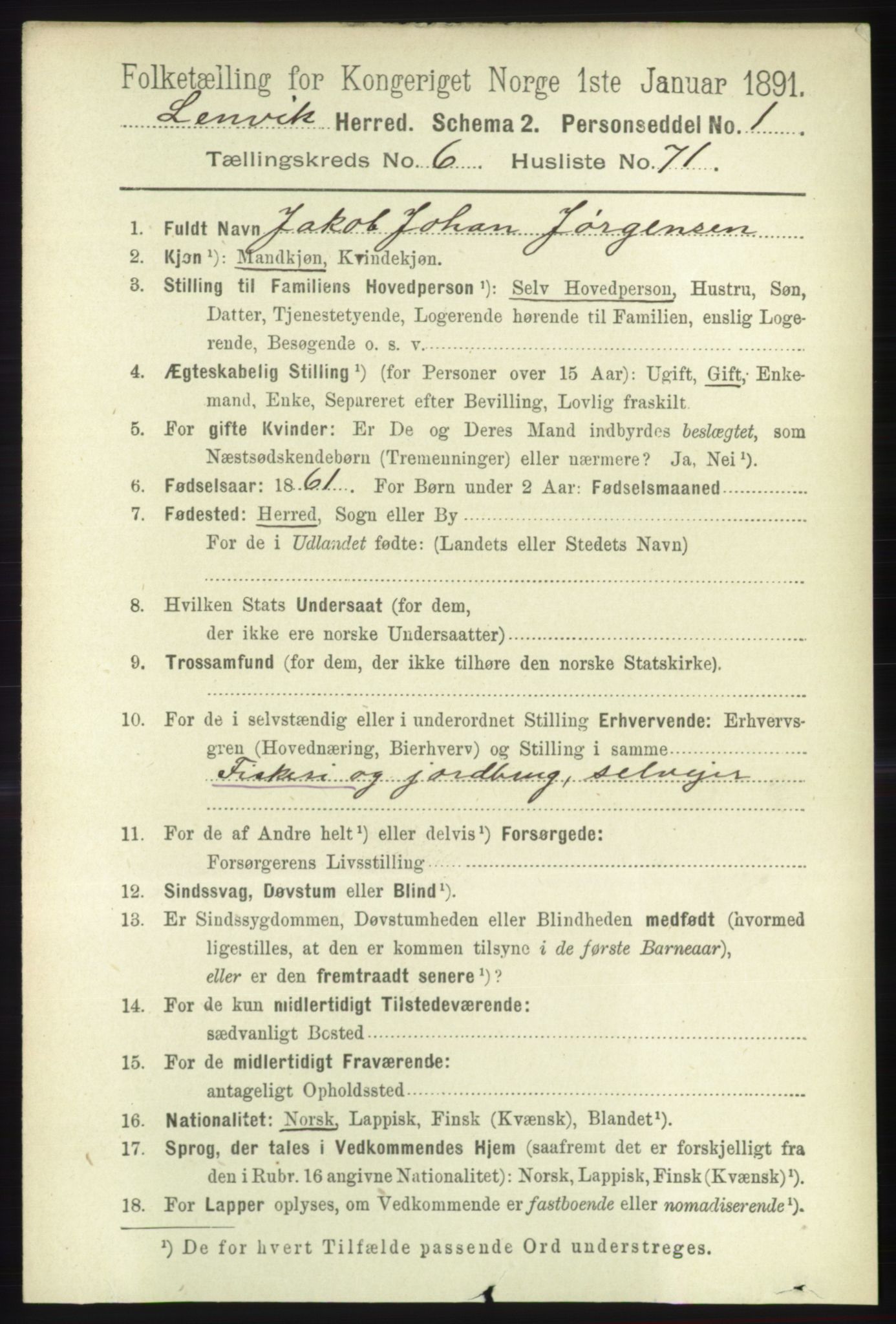 RA, 1891 census for 1931 Lenvik, 1891, p. 3692