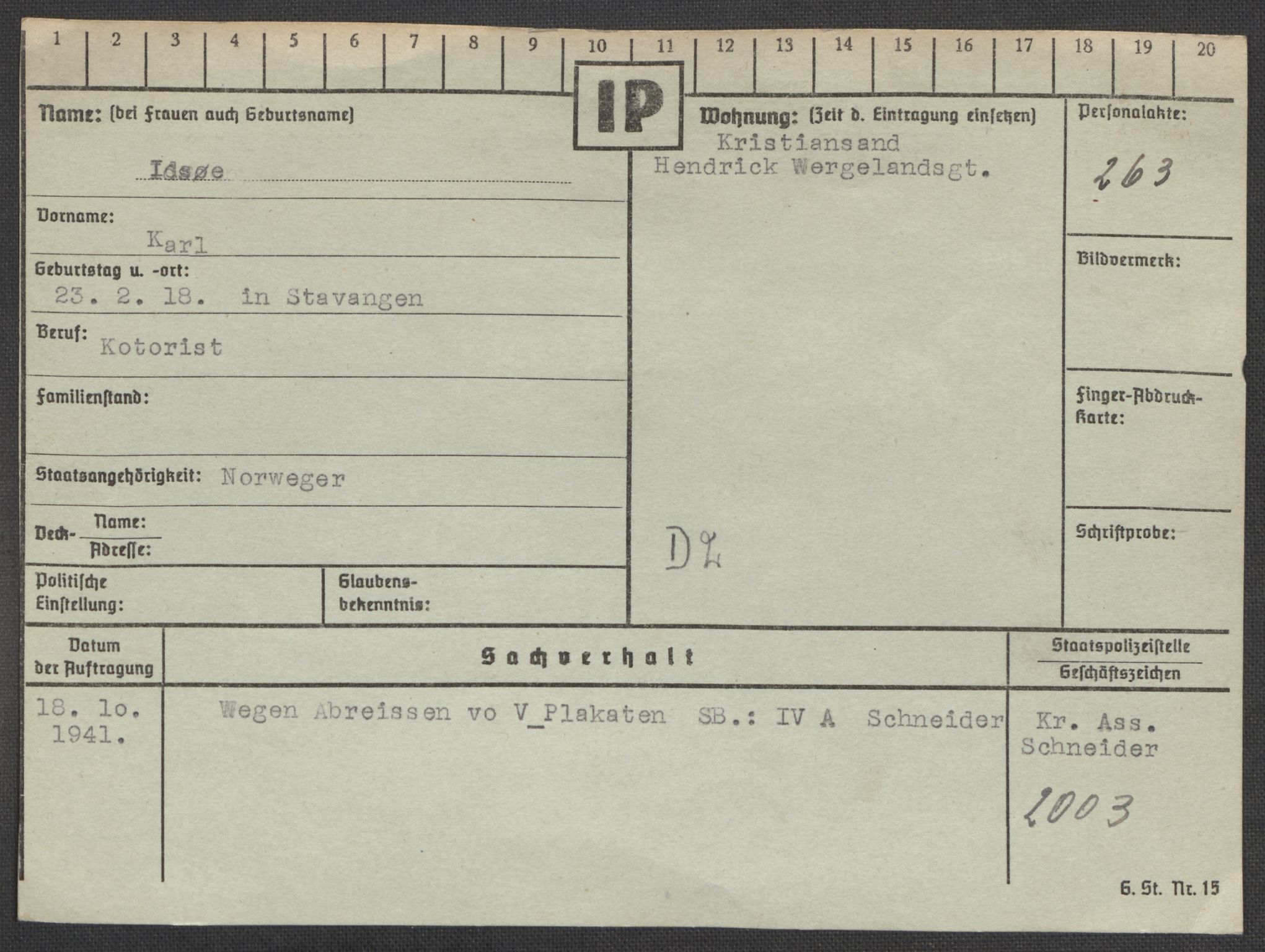 Befehlshaber der Sicherheitspolizei und des SD, AV/RA-RAFA-5969/E/Ea/Eaa/L0005: Register over norske fanger i Møllergata 19: Hø-Kj, 1940-1945, p. 110