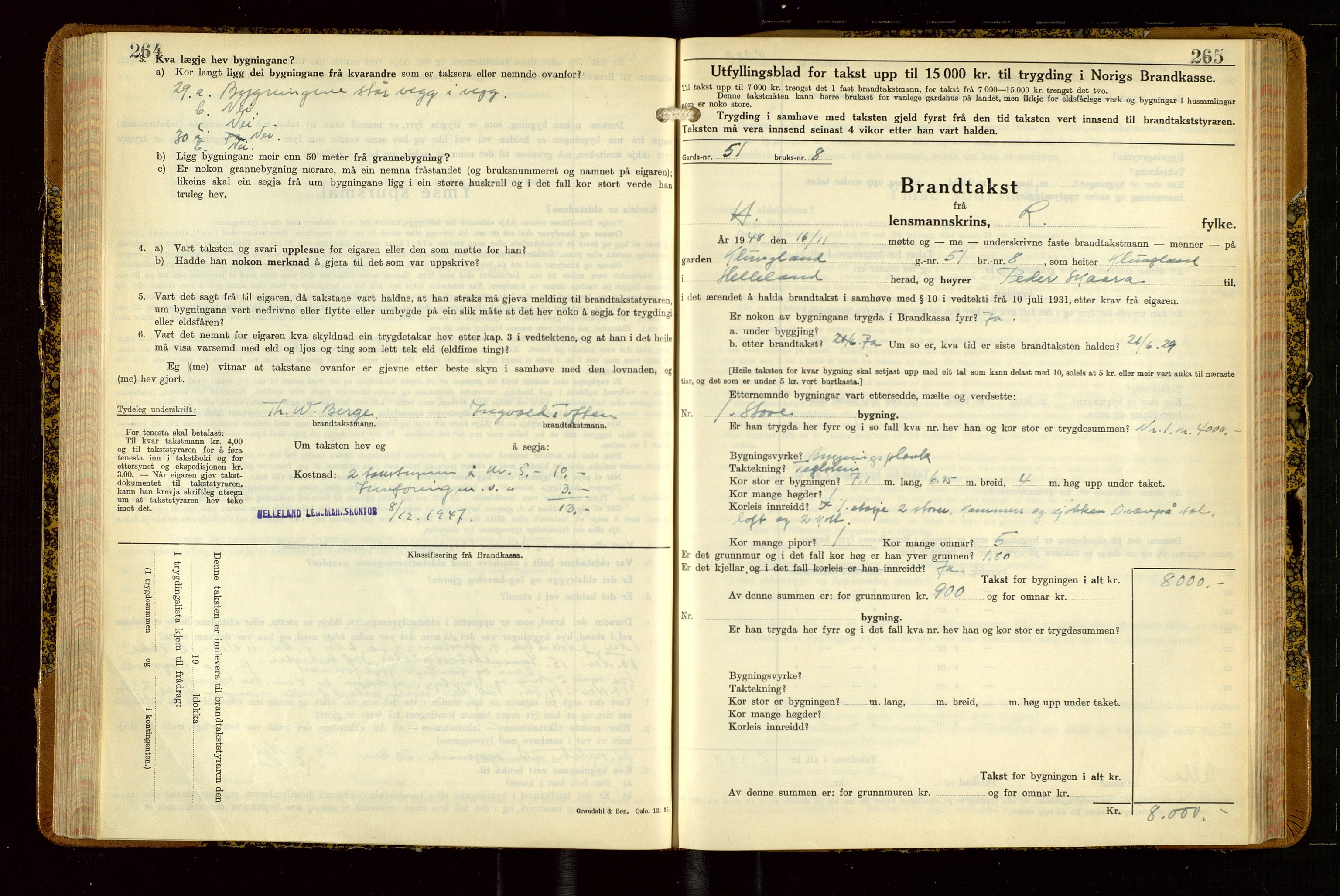 Helleland lensmannskontor, SAST/A-100209/Gob/L0004: "Brandtakstbok", 1939-1949, p. 264-265