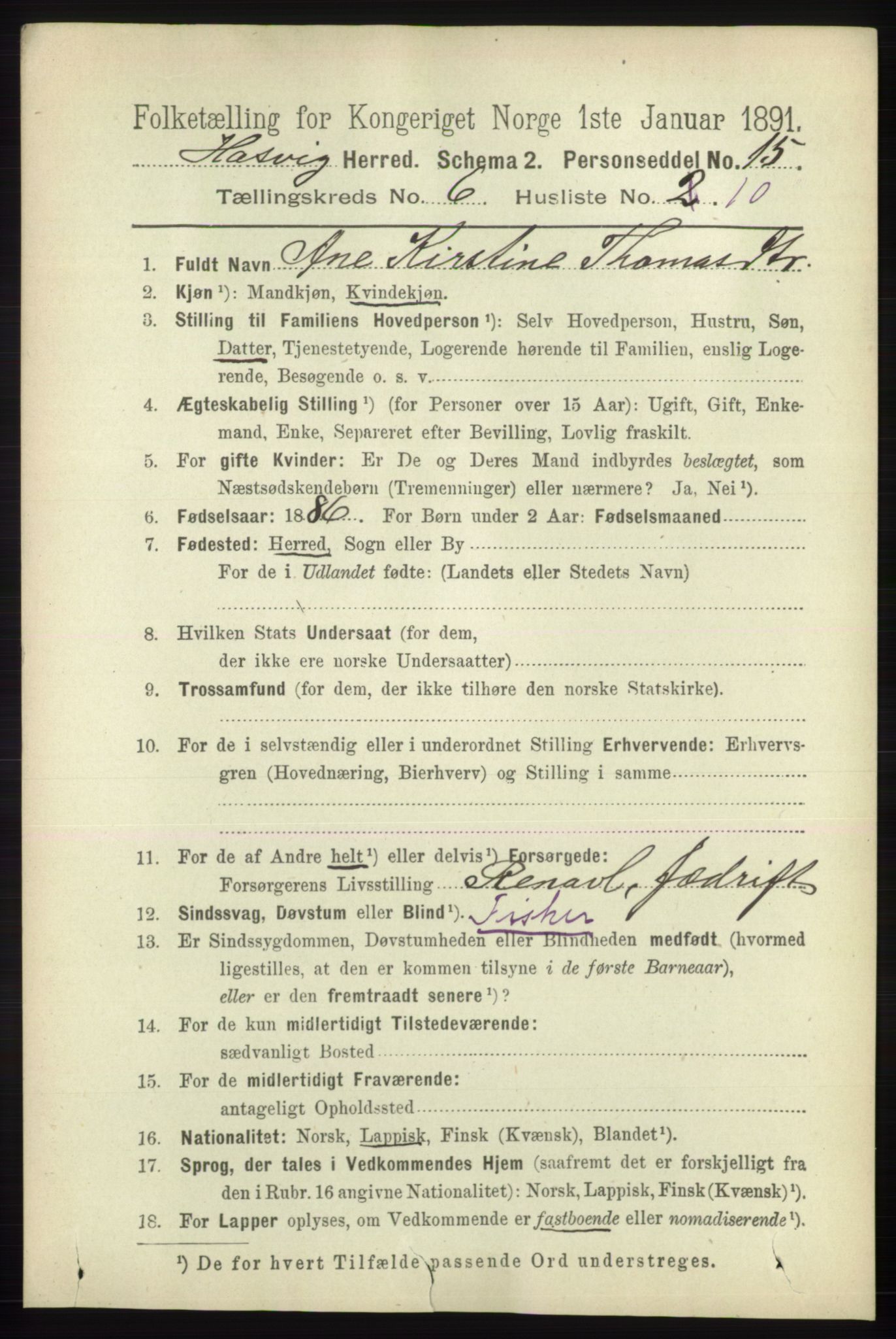 RA, 1891 census for 2015 Hasvik, 1891, p. 955